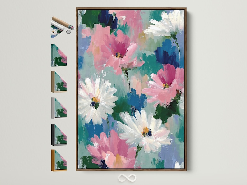 Abstract floral painting with pink and white daisy-like flowers, teal and blue background, and green stems