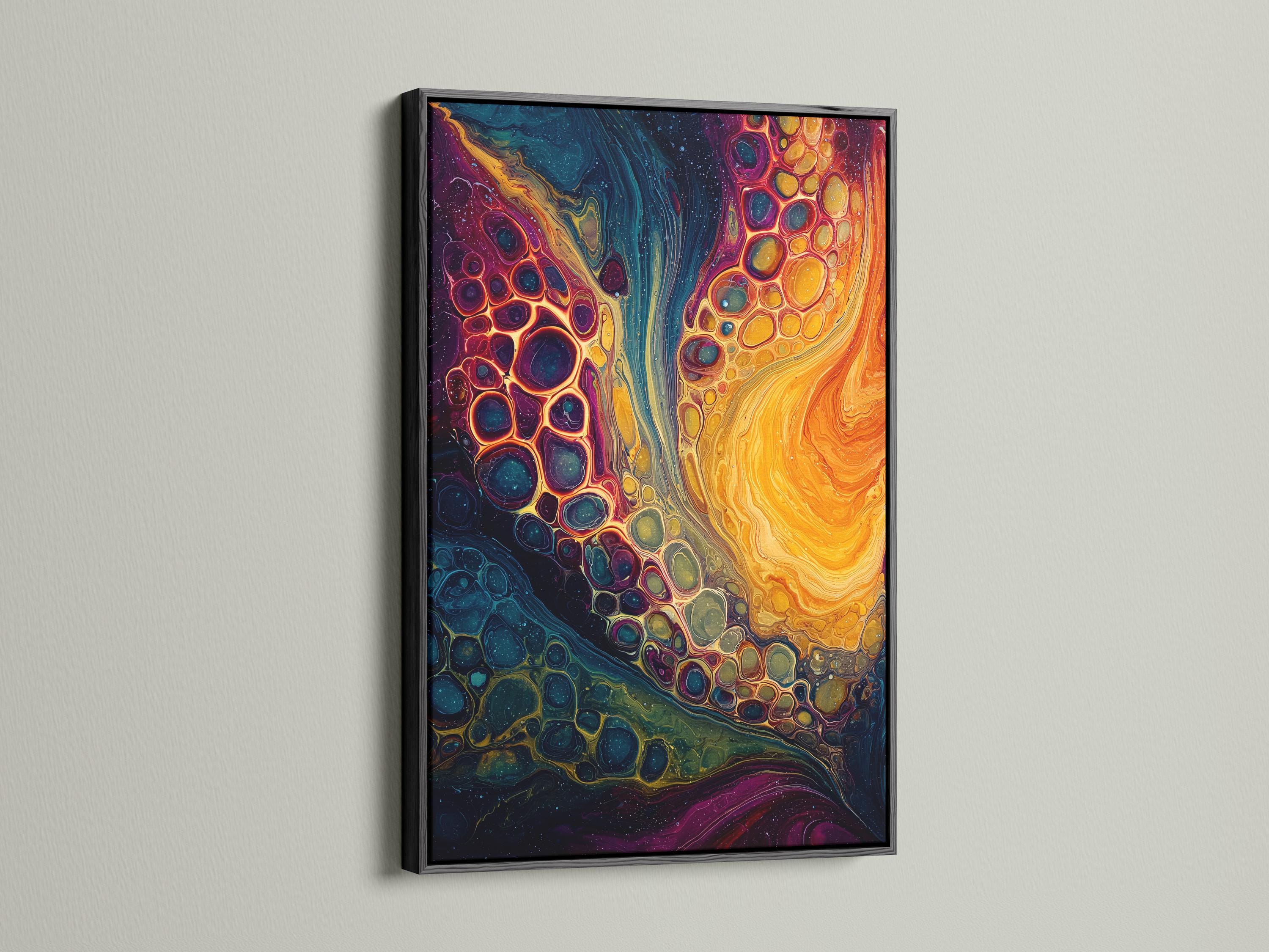Vivid fluid abstract painting with teal and orange gold tones and bubble-like cells detail view