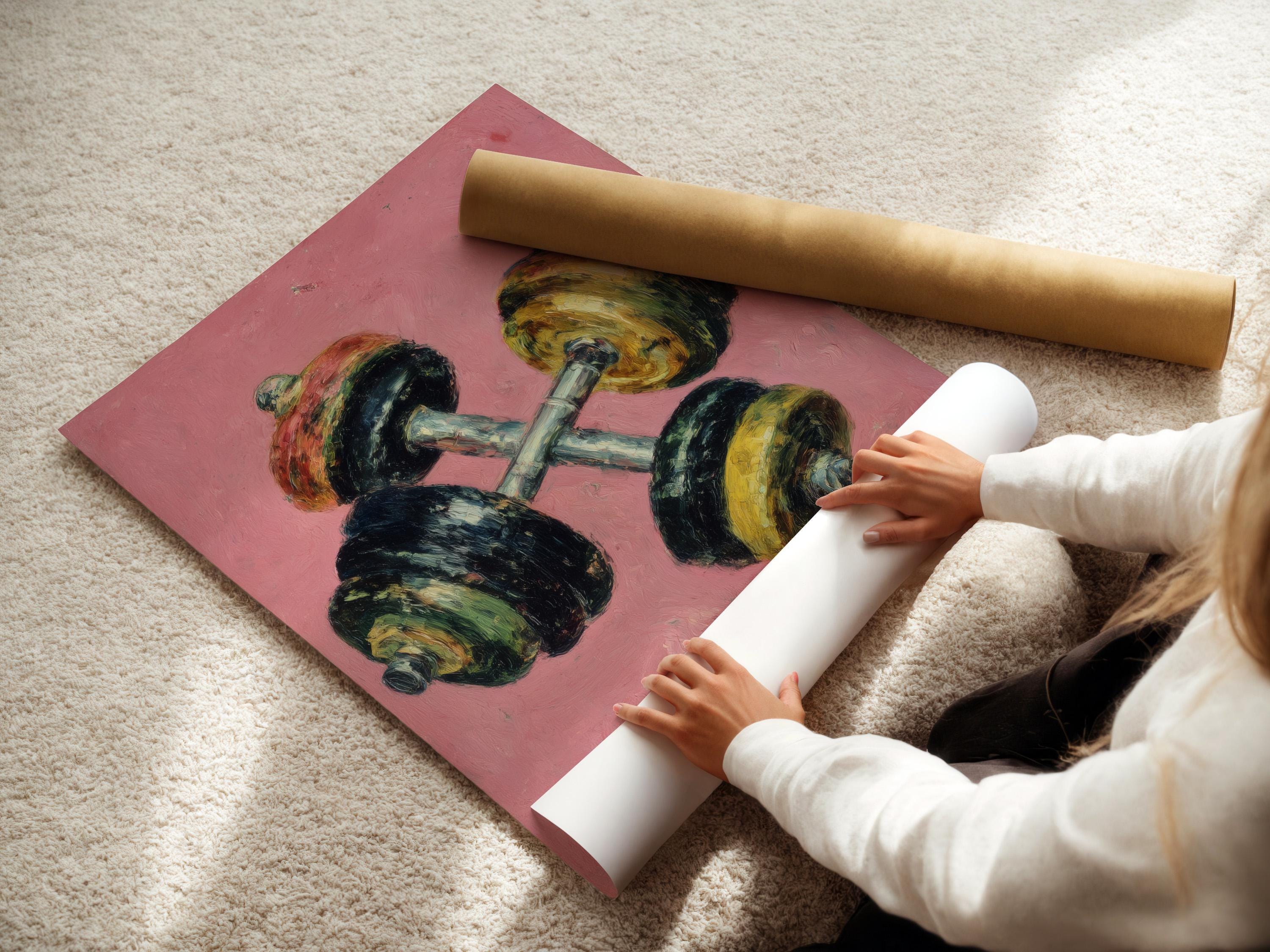 Wall mockup showing a retro dumbbell artwork on a pink textured background