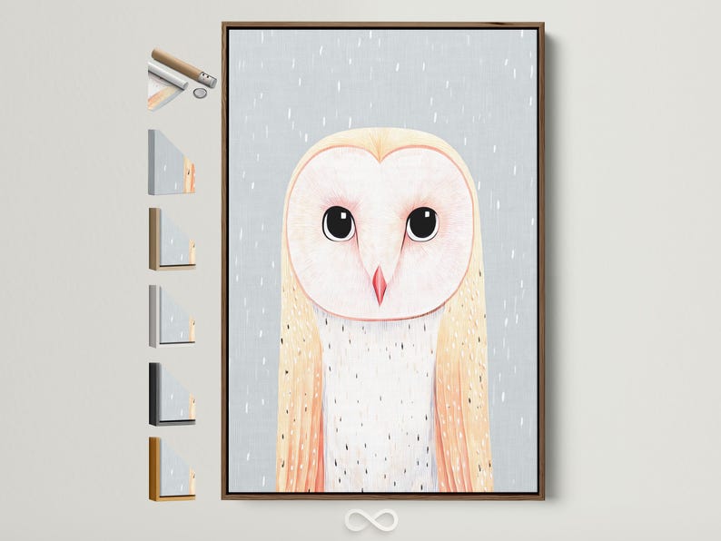 Illustrated pastel owl with large dark eyes and a red beak on a pale blue background