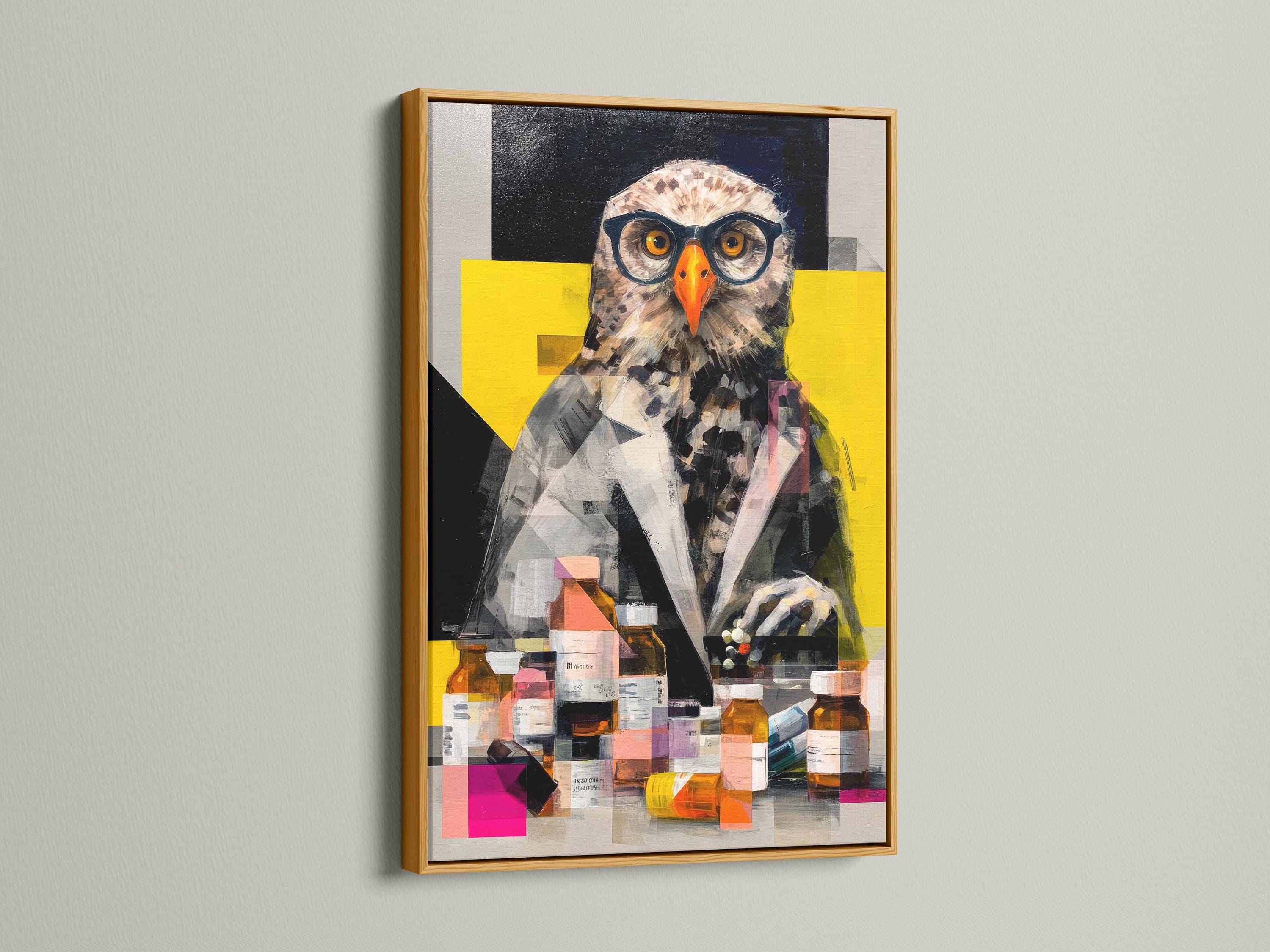 Geometric owl portrait with spectacles and lab bottles in black, grey, yellow and orange detail view