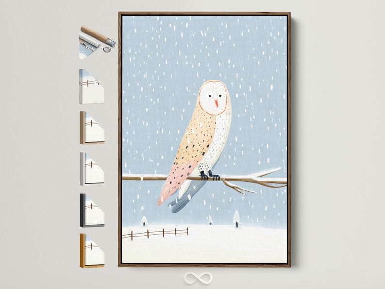 Illustrated owl flying through falling snow in a blue winter scene