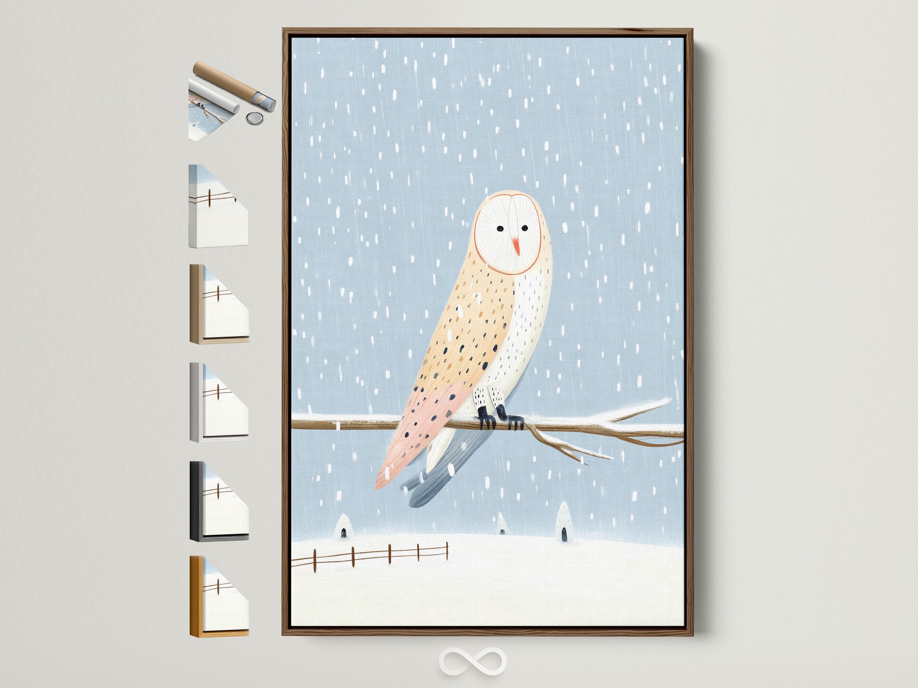 Illustrated owl flying through falling snow in a blue winter scene