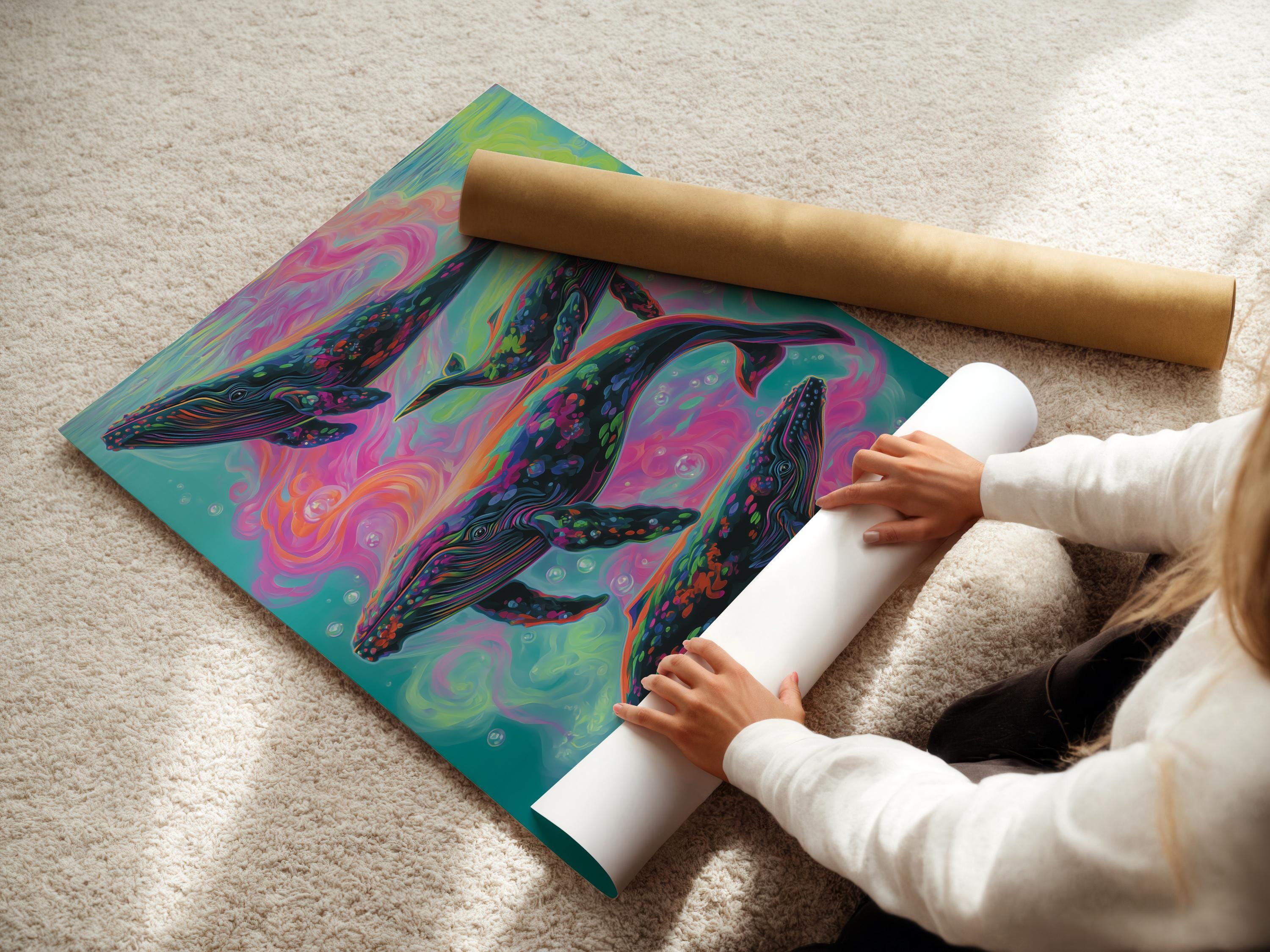 Three stylised whales swimming in a psychedelic teal, pink and yellow underwater scene detail view