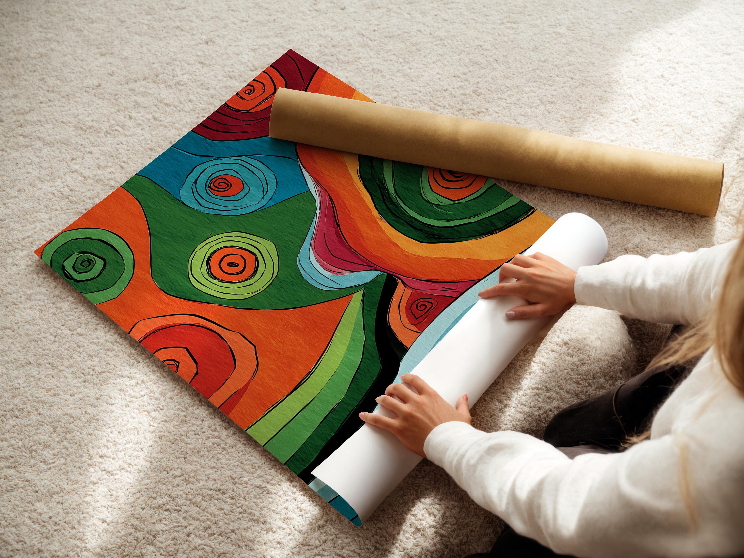 Colourful abstract artwork with overlapping circles and concentric spiral swirls in orange, green, blue and red detail view