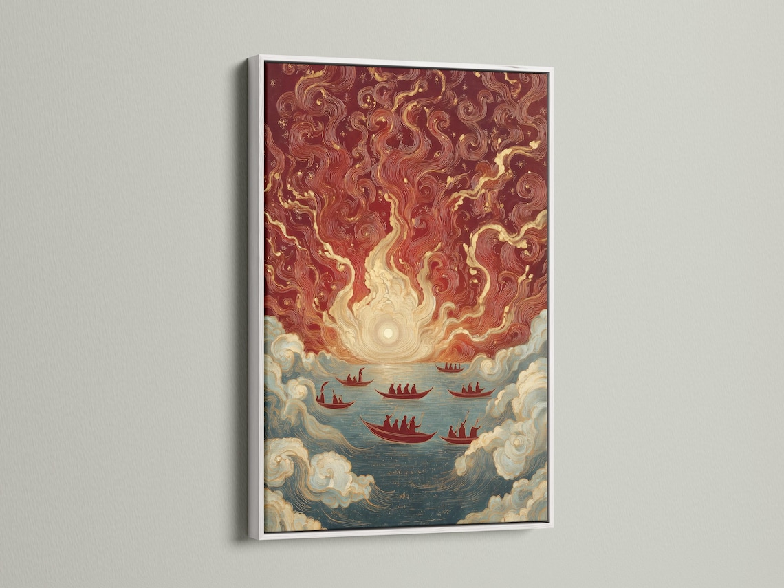 Stylised maritime artwork with a sunrise glow, swirling clouds and several red boats on ocean water detail view