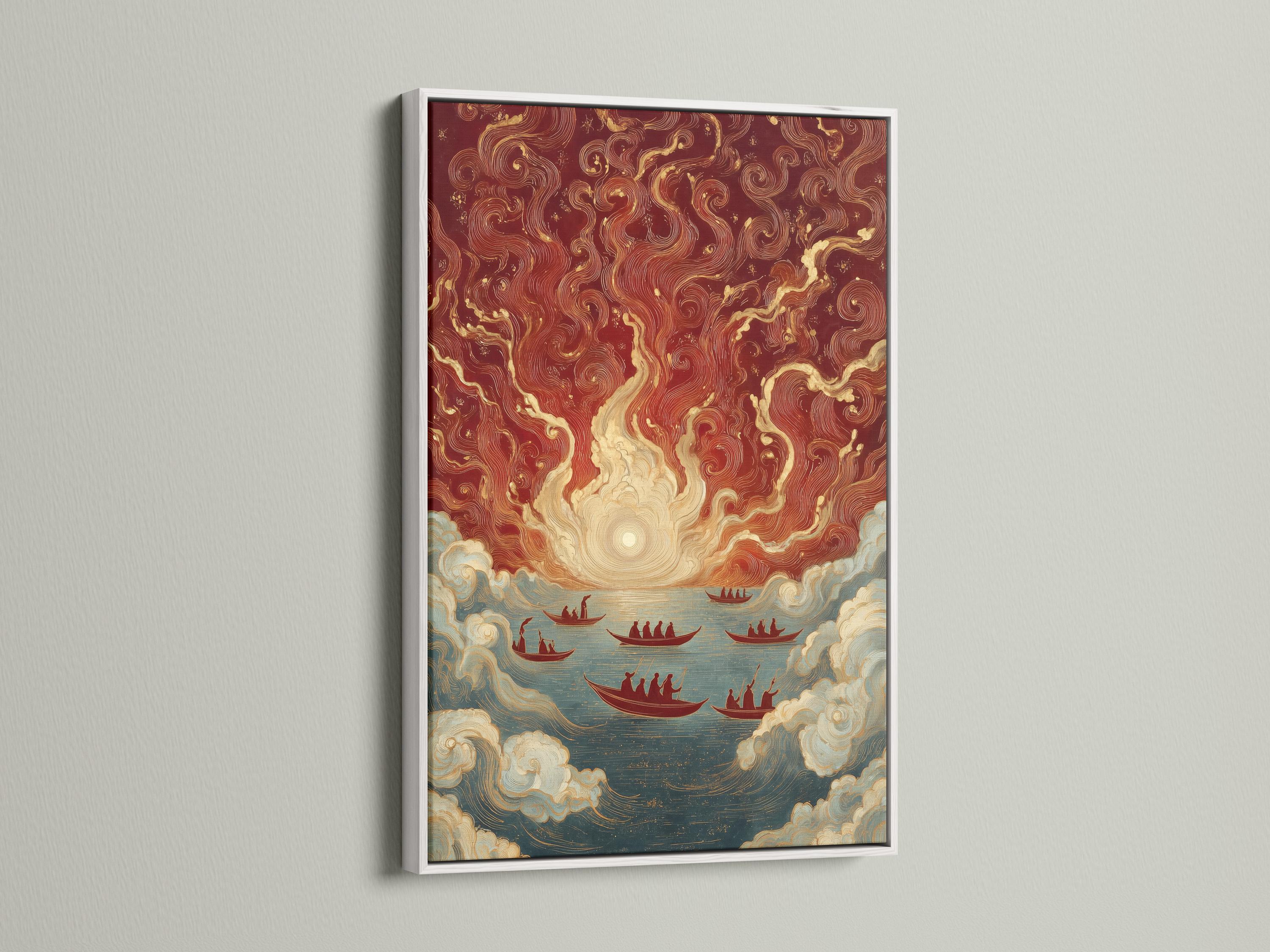 Stylised maritime artwork with a sunrise glow, swirling clouds and several red boats on ocean water detail view