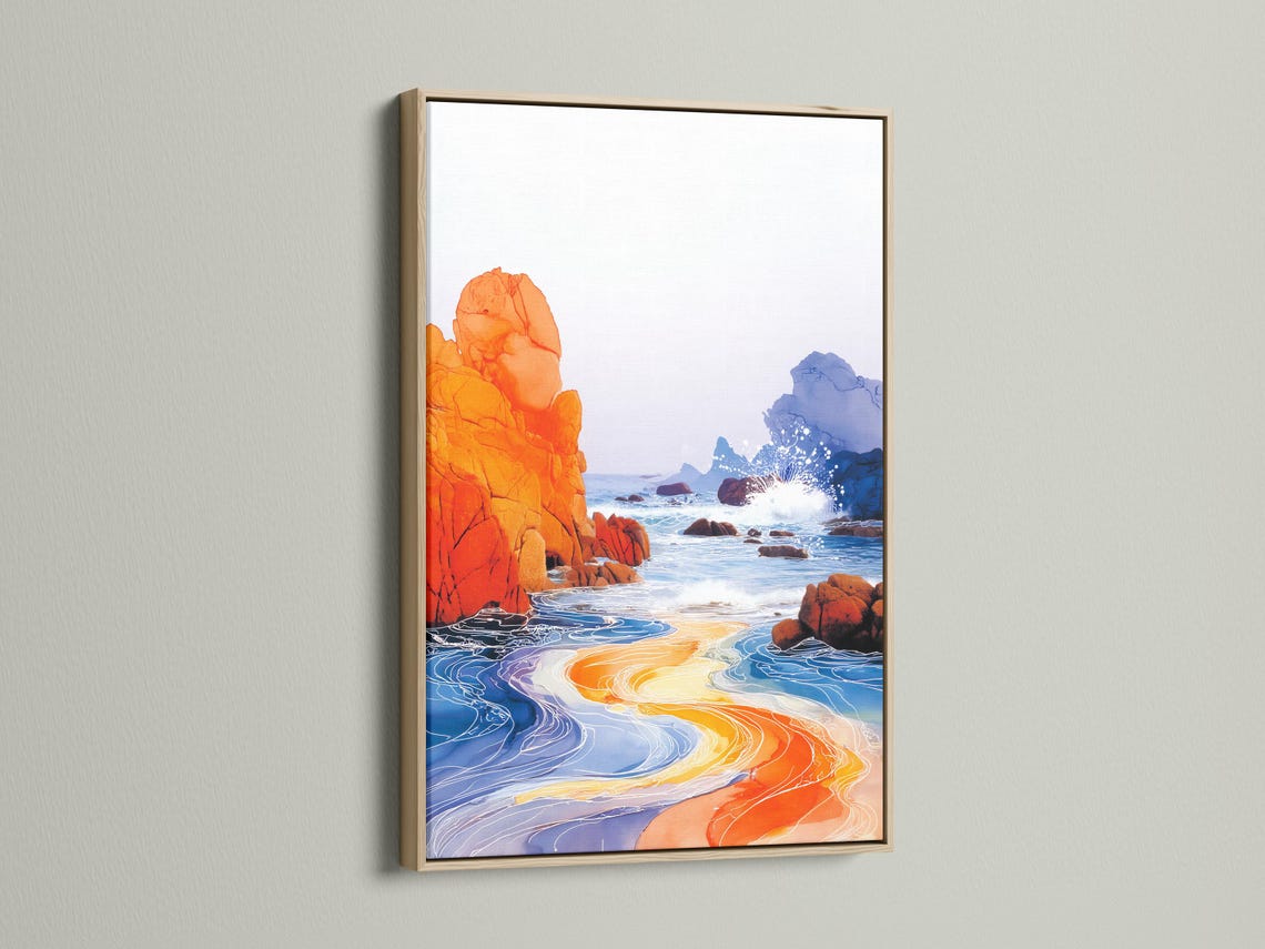 Orange and blue coastal seascape with foamy white waves and rocky cliffs detail view