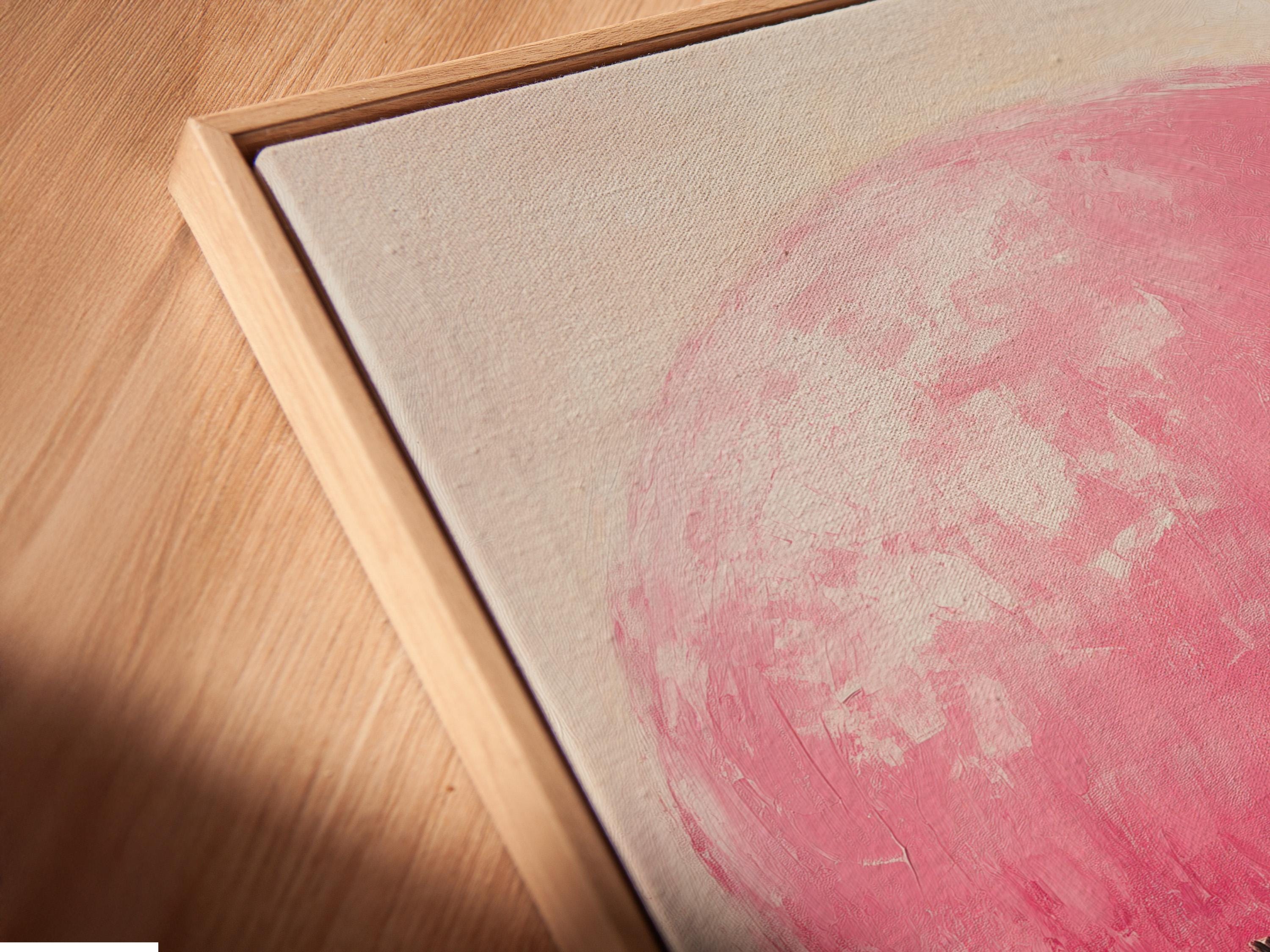 Seated robed figure with raised hands beneath a large glowing pink orb on a beige background detail view