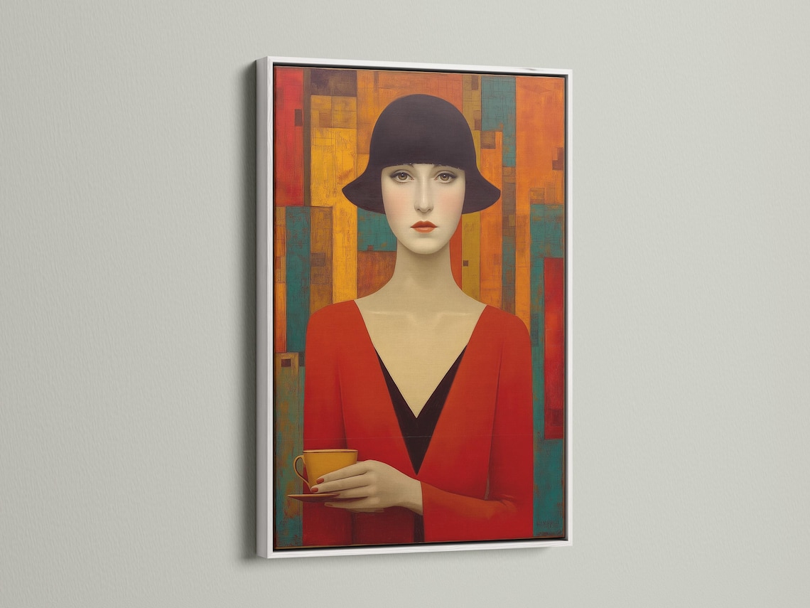 Stylised woman portrait with dark hat, red dress and geometric Art Deco blocks in red, gold and teal detail view