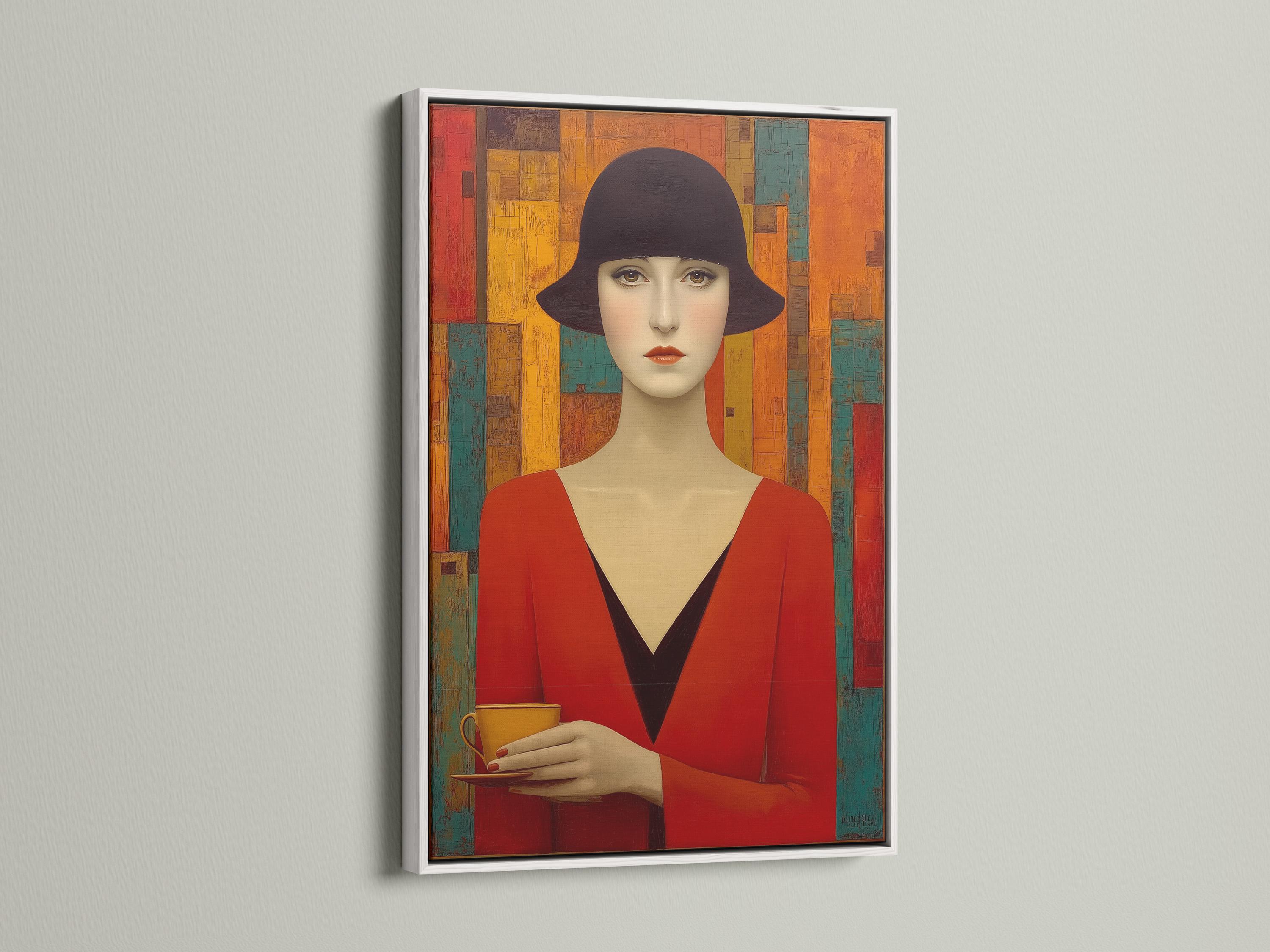 Stylised woman portrait with dark hat, red dress and geometric Art Deco blocks in red, gold and teal detail view