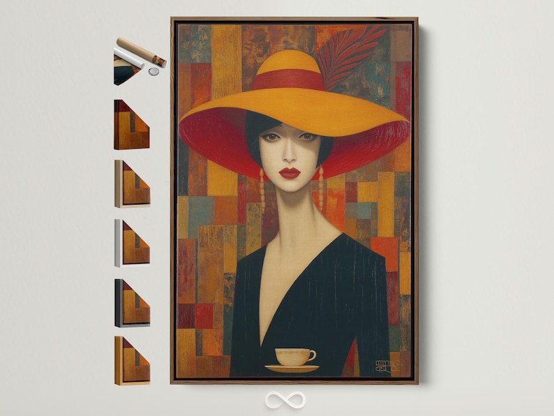 Stylised portrait of a woman wearing a wide red hat against a geometric red, gold and teal background