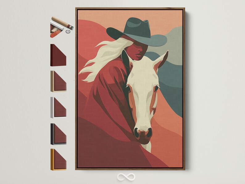 Stylised cowgirl and horse portrait with terracotta and red tones and muted teal accents