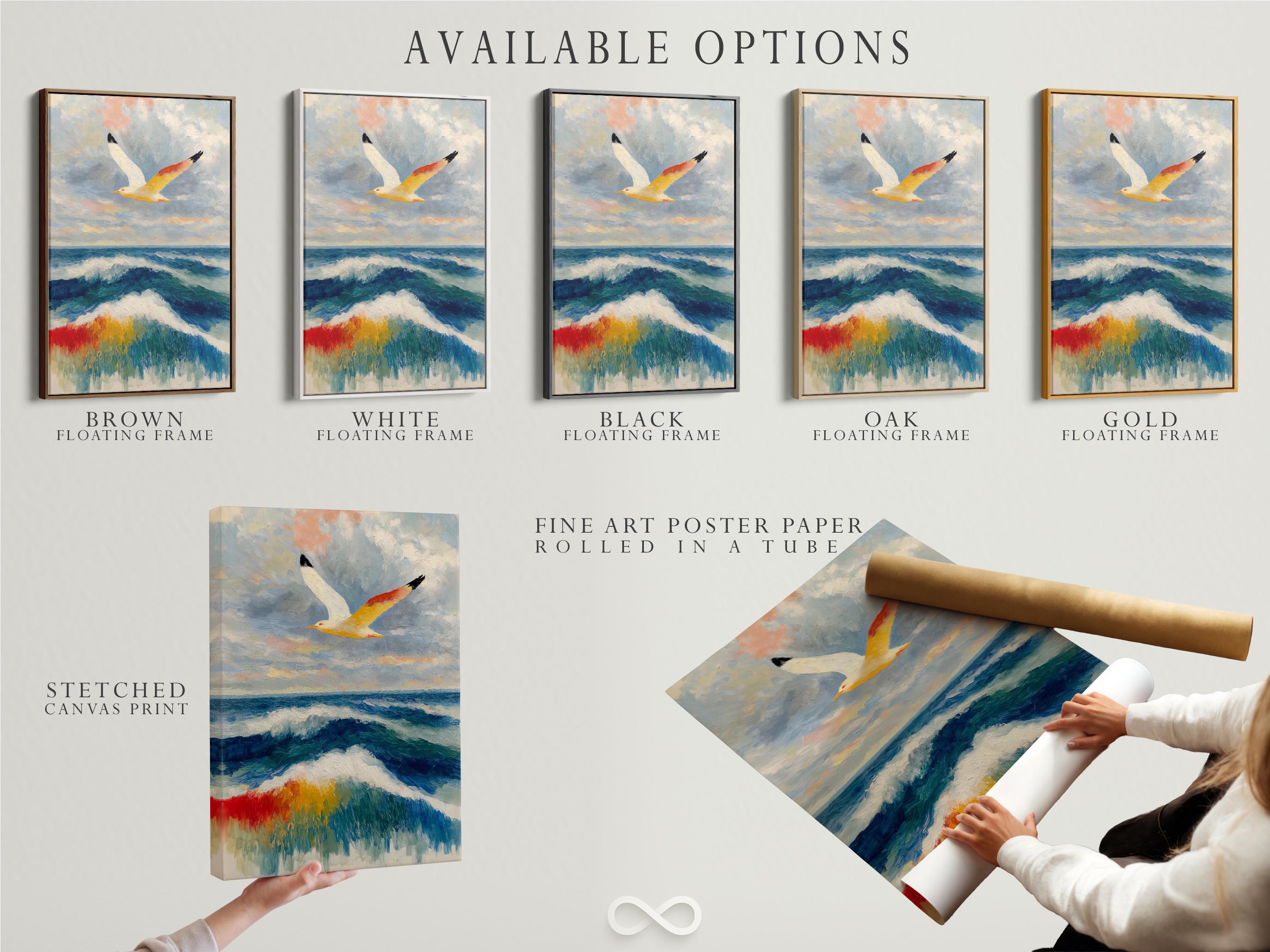 Painterly seagull flying above blue ocean waves with white foam and cloudy sky detail view