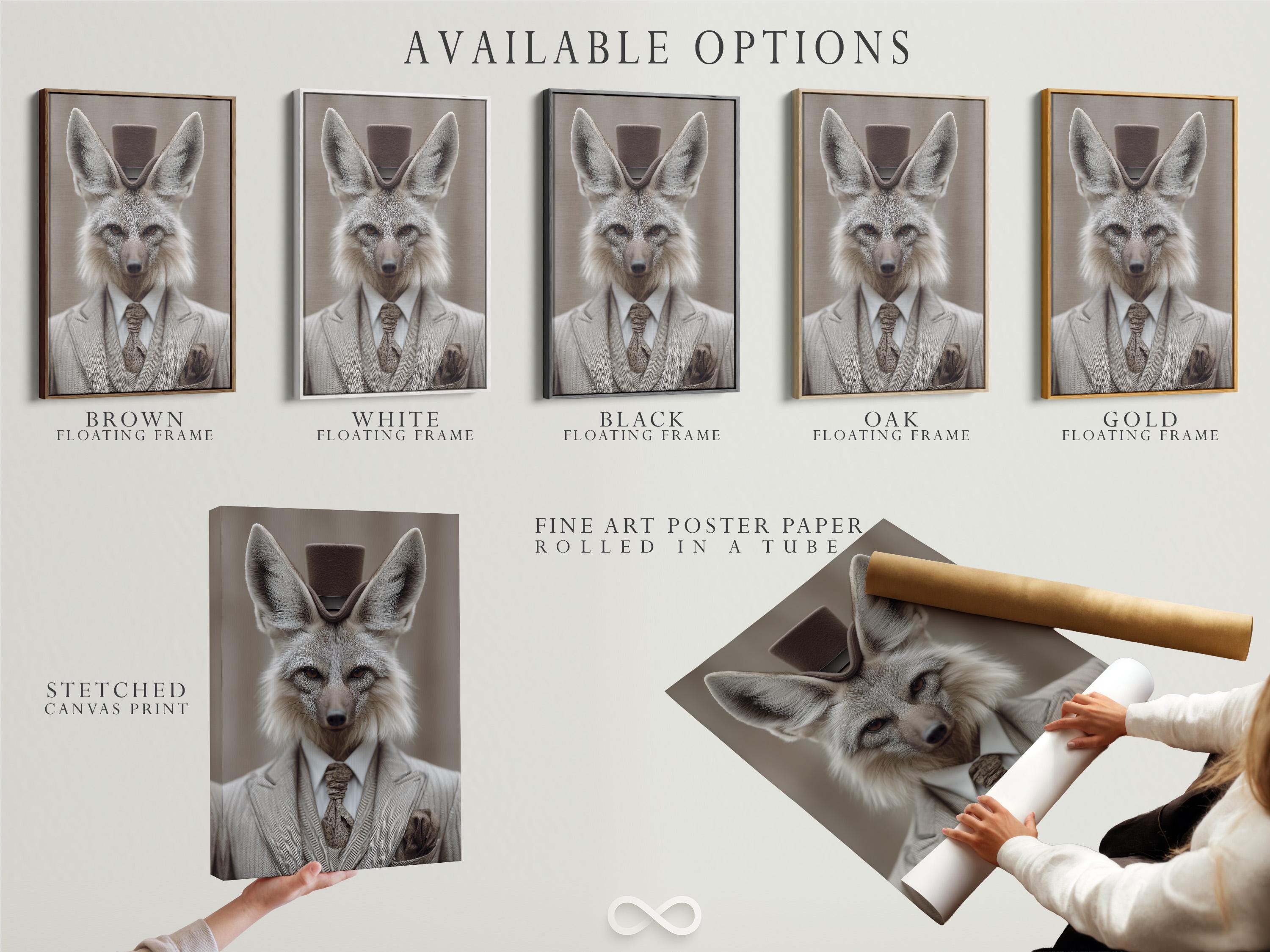 Portrait of a grey fox dressed as a gentleman with upright ears, suit collar and bow tie detail view