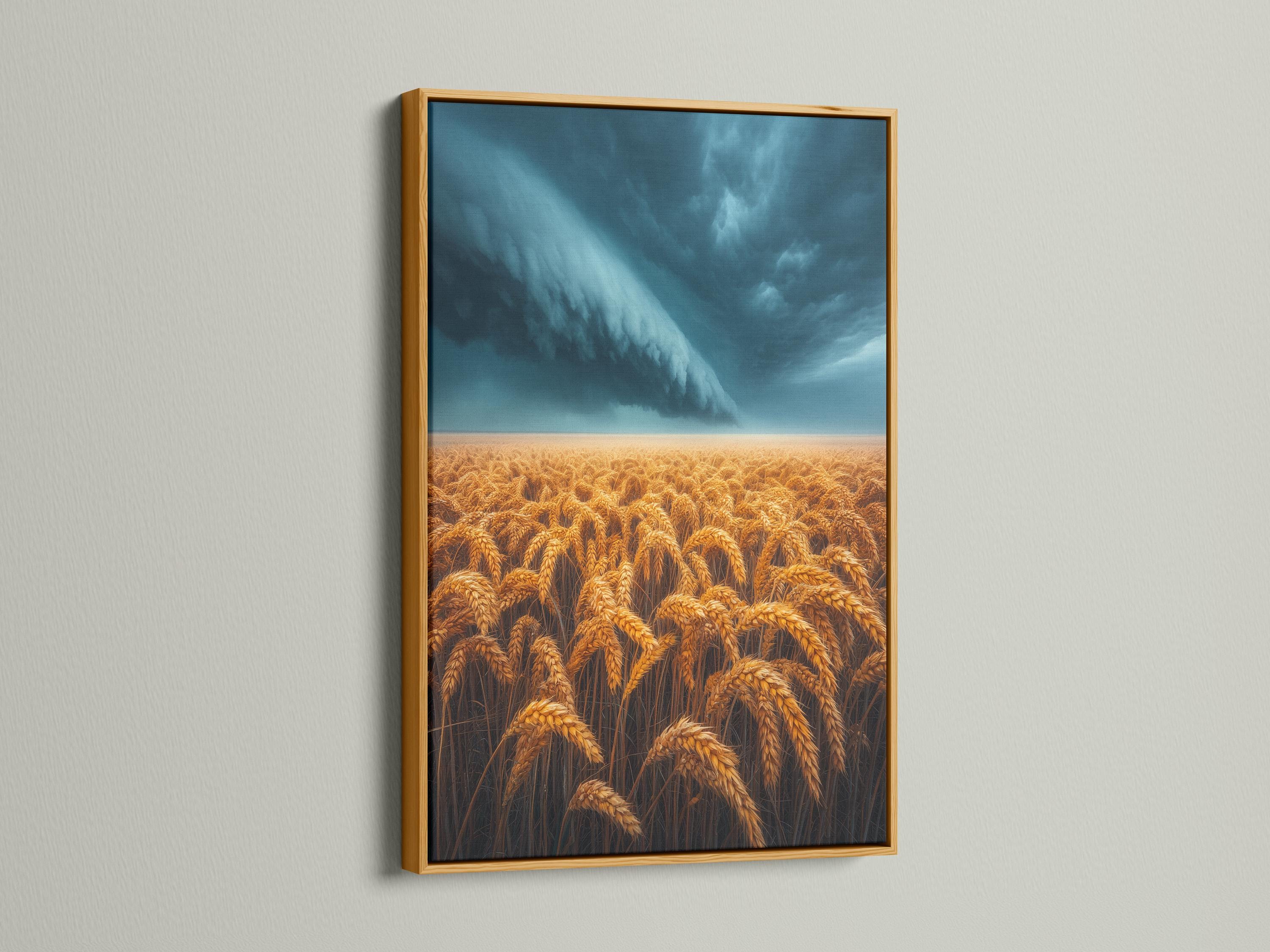 Golden wheat field under a stormy blue-grey sky with sweeping clouds and a bright horizon band detail view