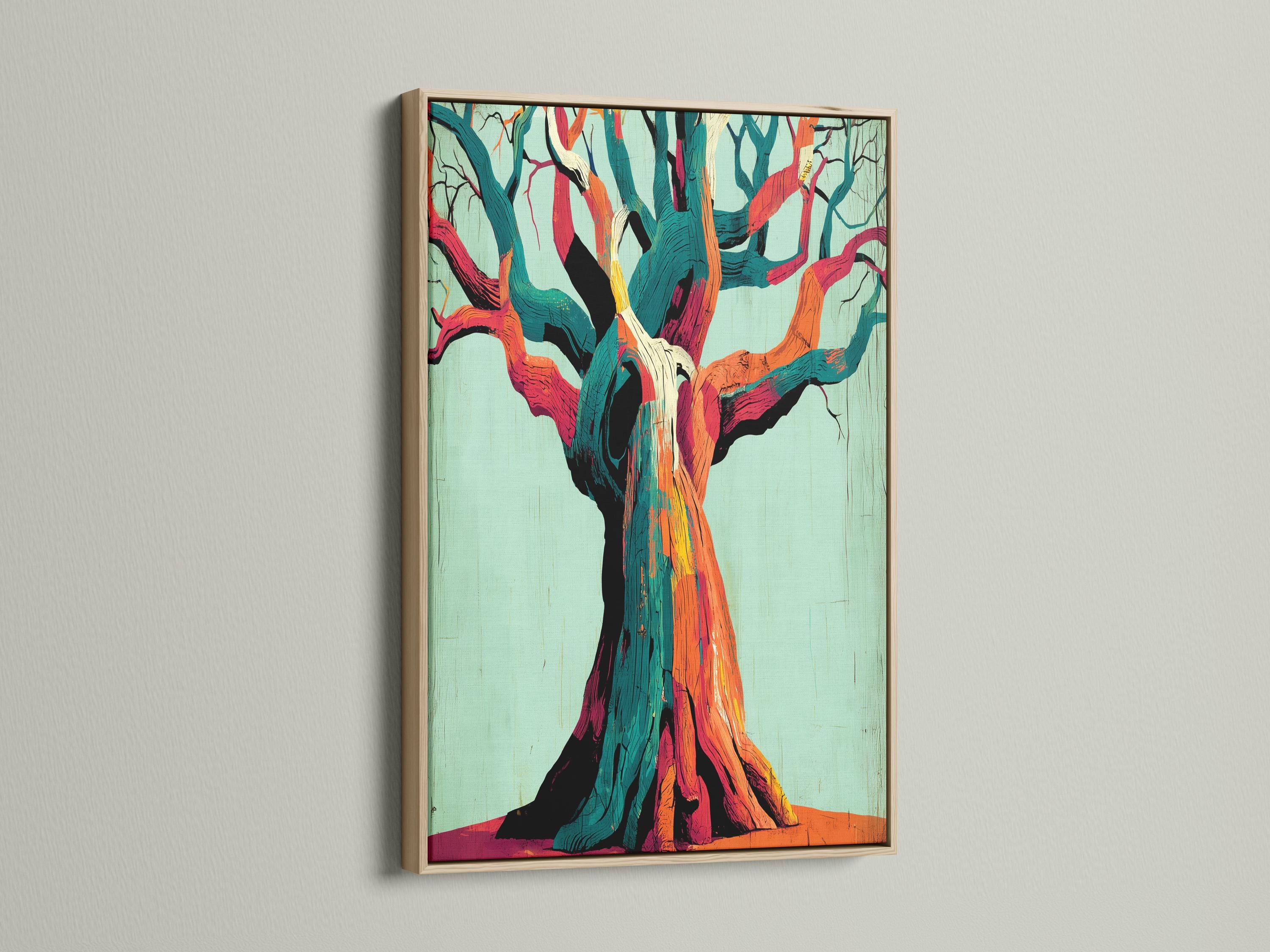 Stylised abstract tree with teal, orange and magenta branches on a pale mint background detail view