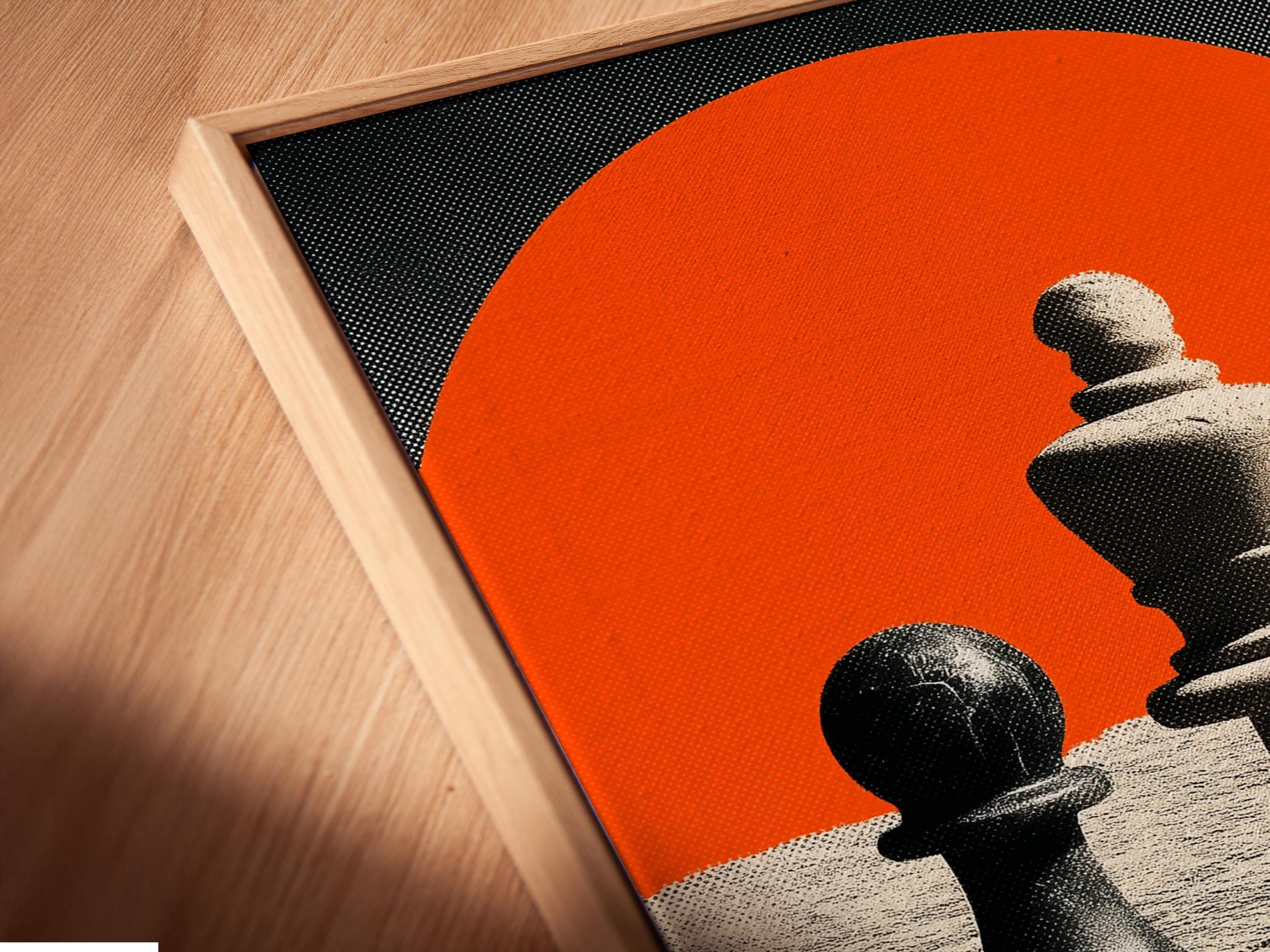 High-contrast chess pieces with an orange sun and monochrome sandy landscape background detail view