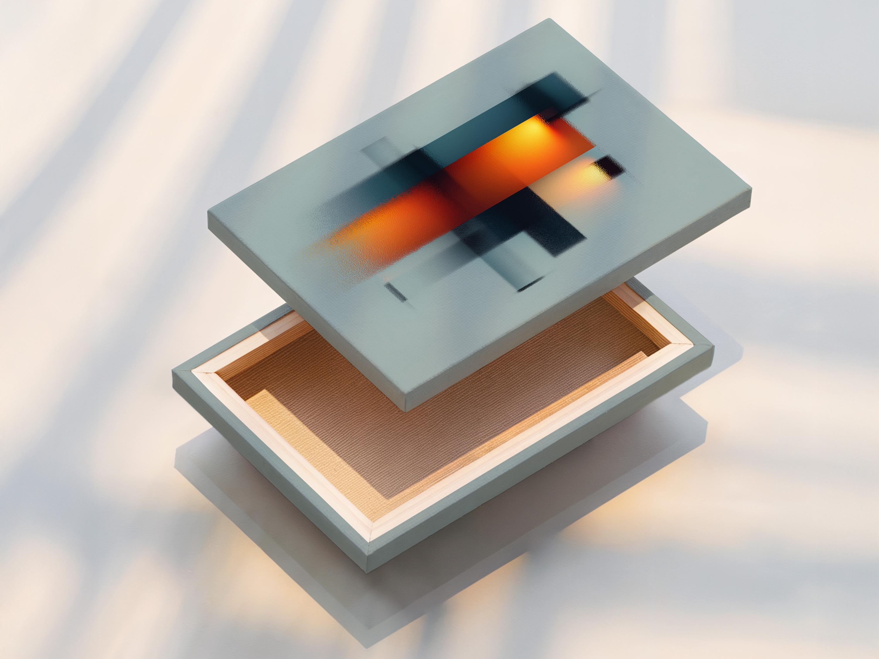 Room mockup showing a framed abstract geometric artwork with teal, deep blue and orange blocks
