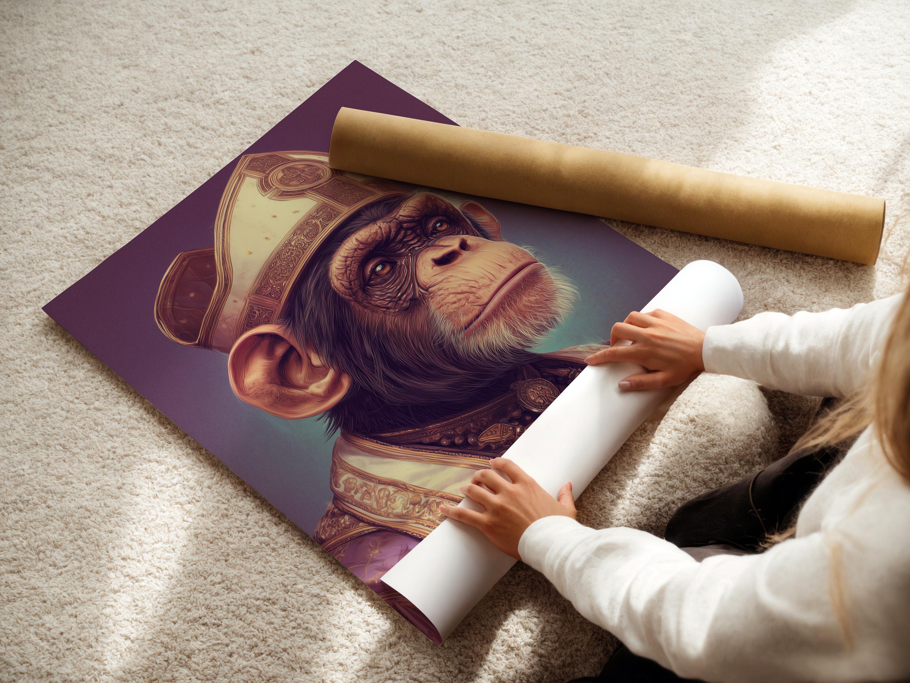 Portrait of a primate wearing an ornate mitre and robes with gold emblem details on a purple background detail view