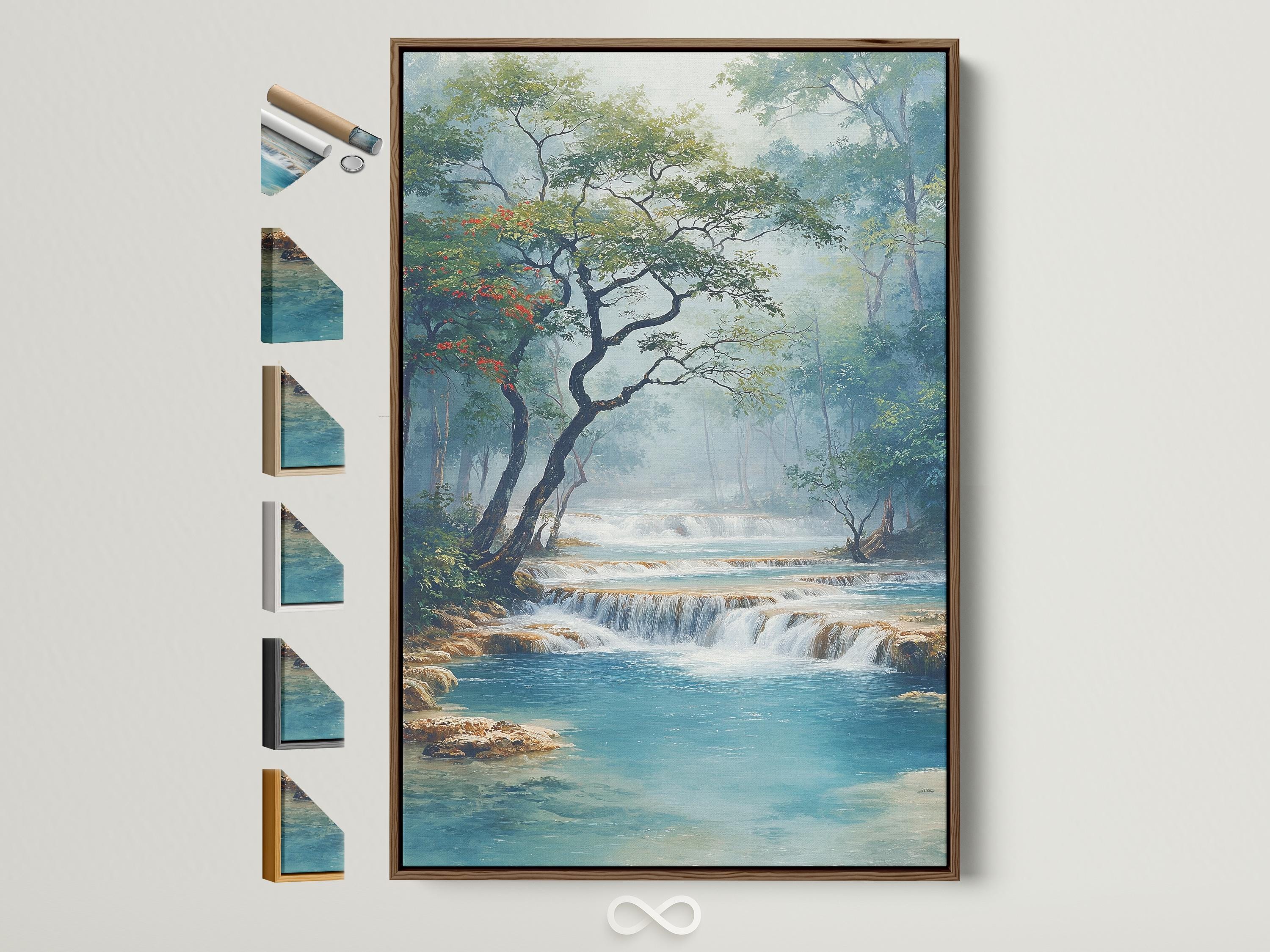 Blue and green waterfall landscape with misty trees and turquoise water