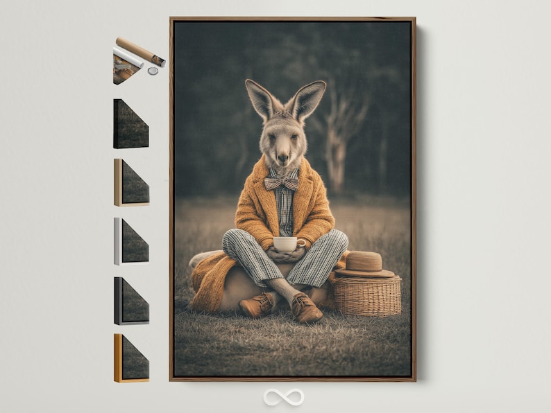 Seated kangaroo in a suit and bow tie holding a cup, on grass with blurred trees background