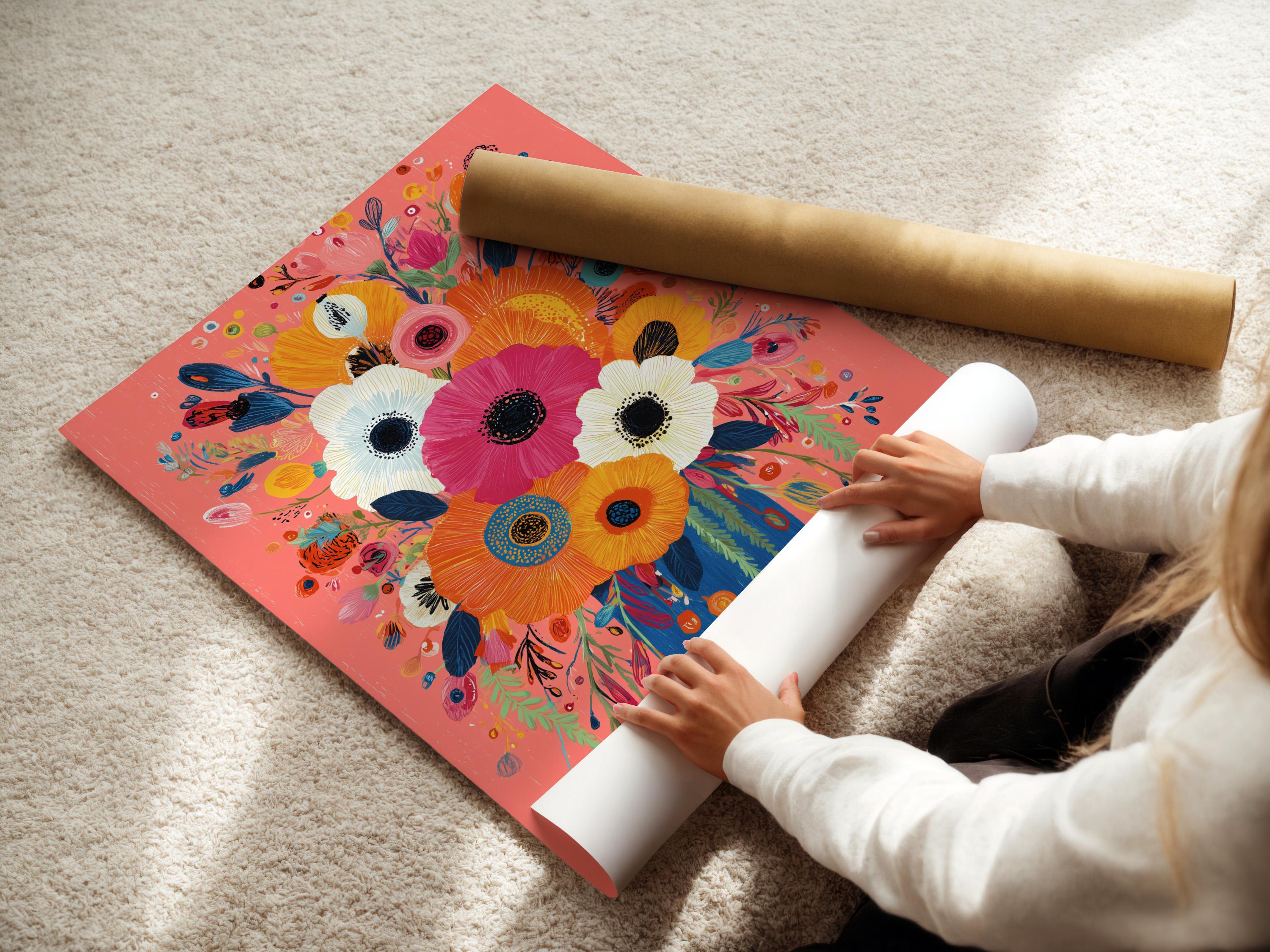 Stylised floral bouquet with large pink flowers in a blue vase on a coral background detail view