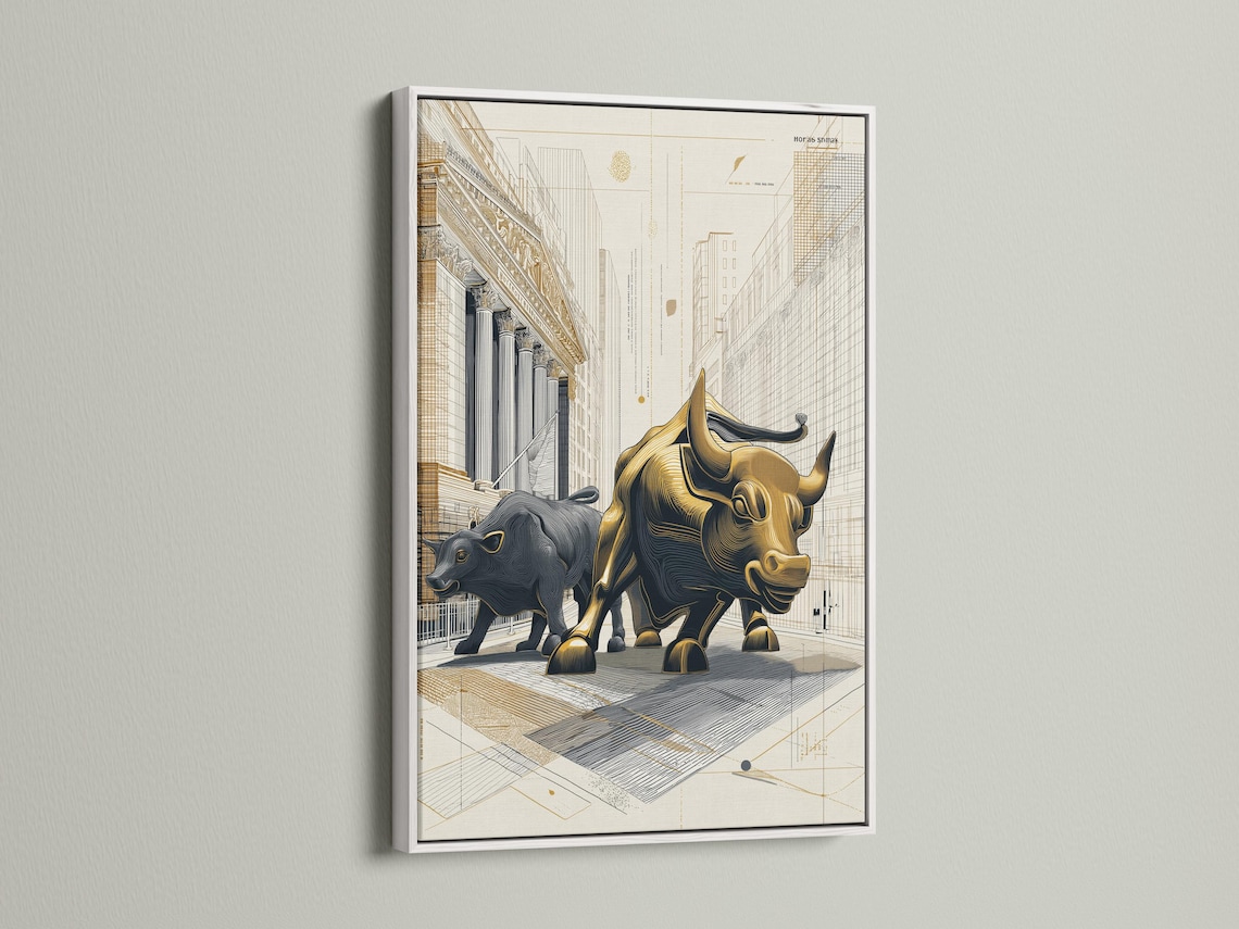 Gold bull and dark bear face-off in an architectural grid city drawing with beige background detail view