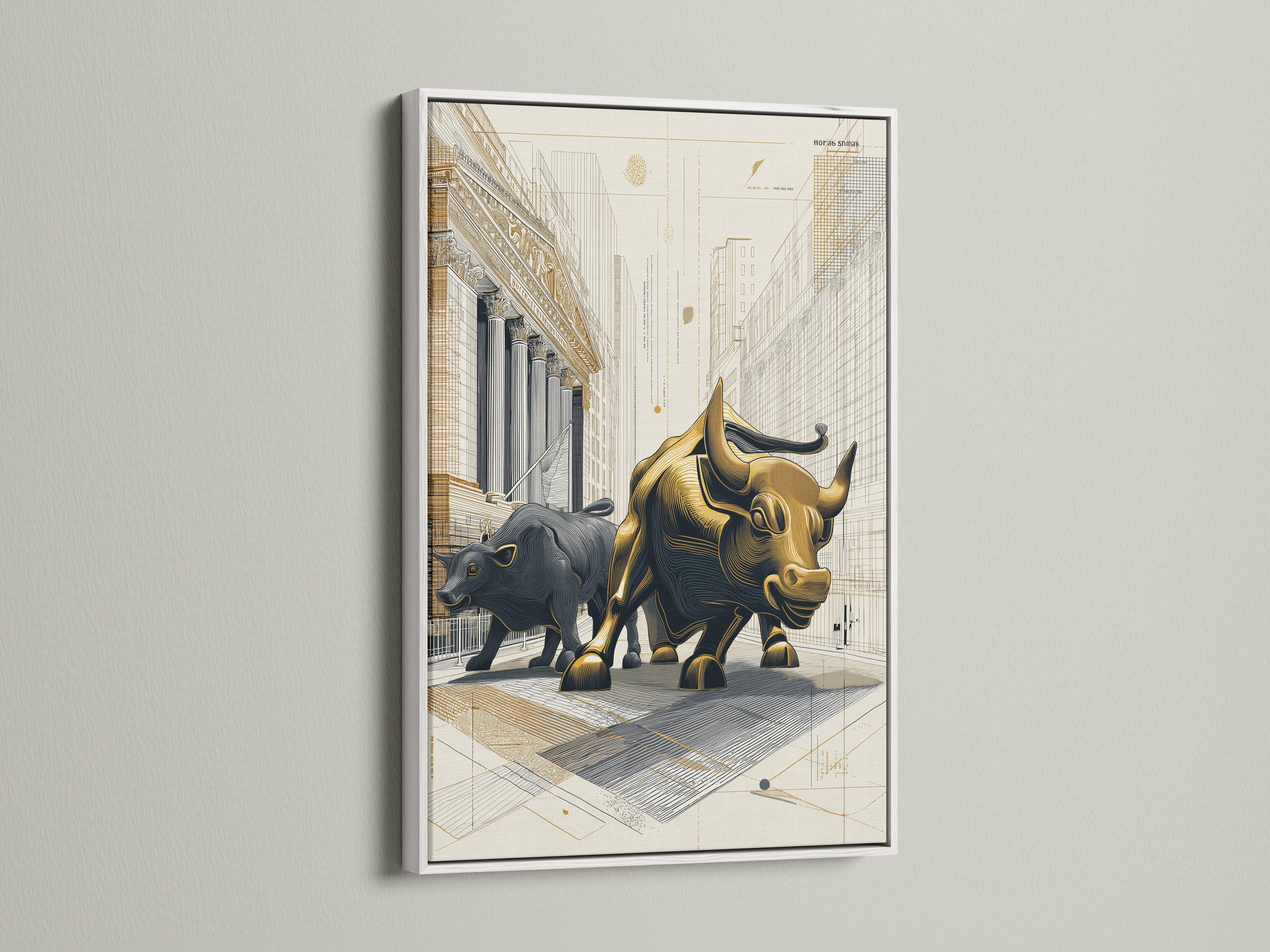 Gold bull and dark bear face-off in an architectural grid city drawing with beige background detail view