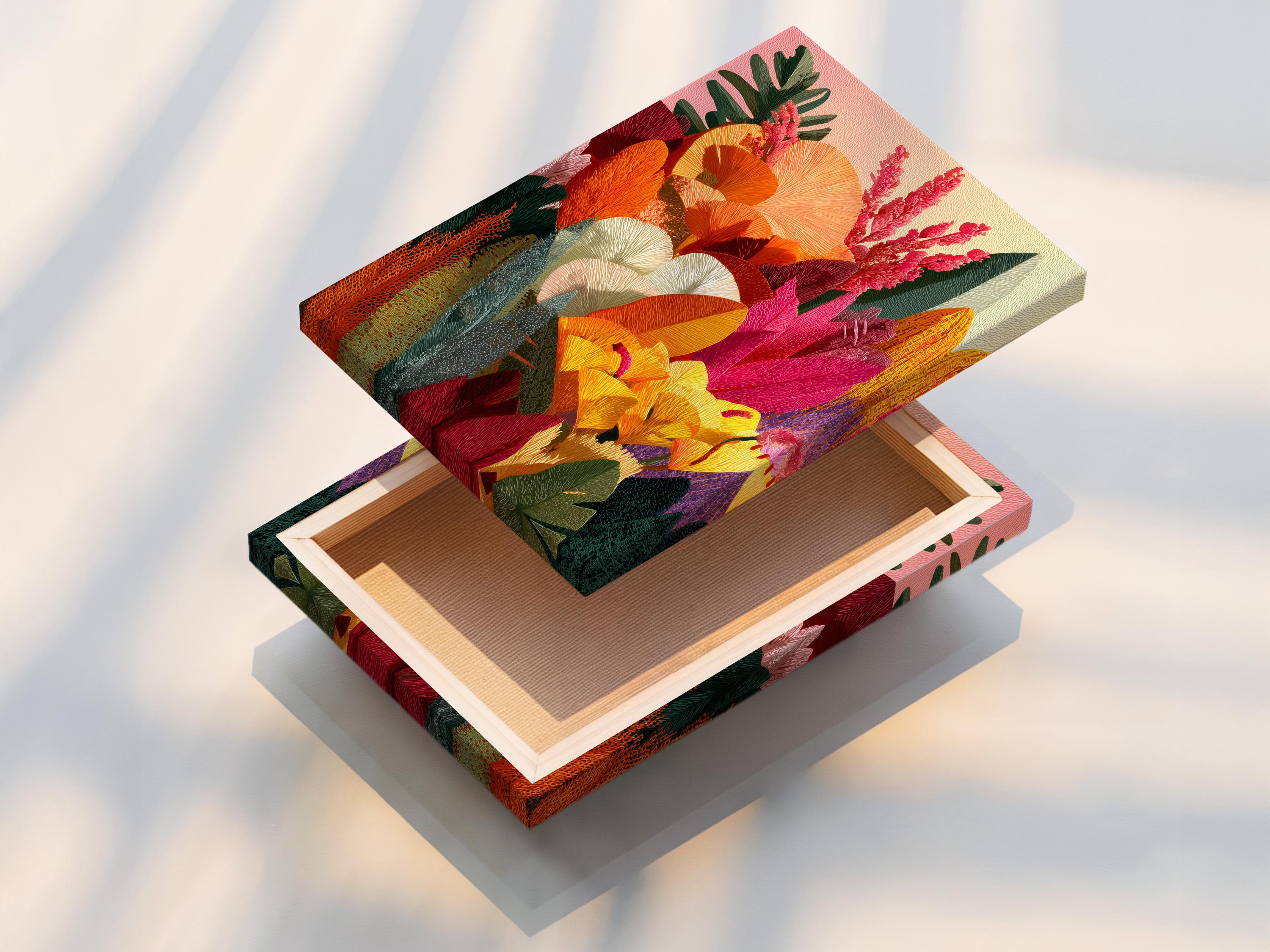 Colourful floral botanical artwork with orange and yellow blossoms, pink flowering spikes and green leaves detail view