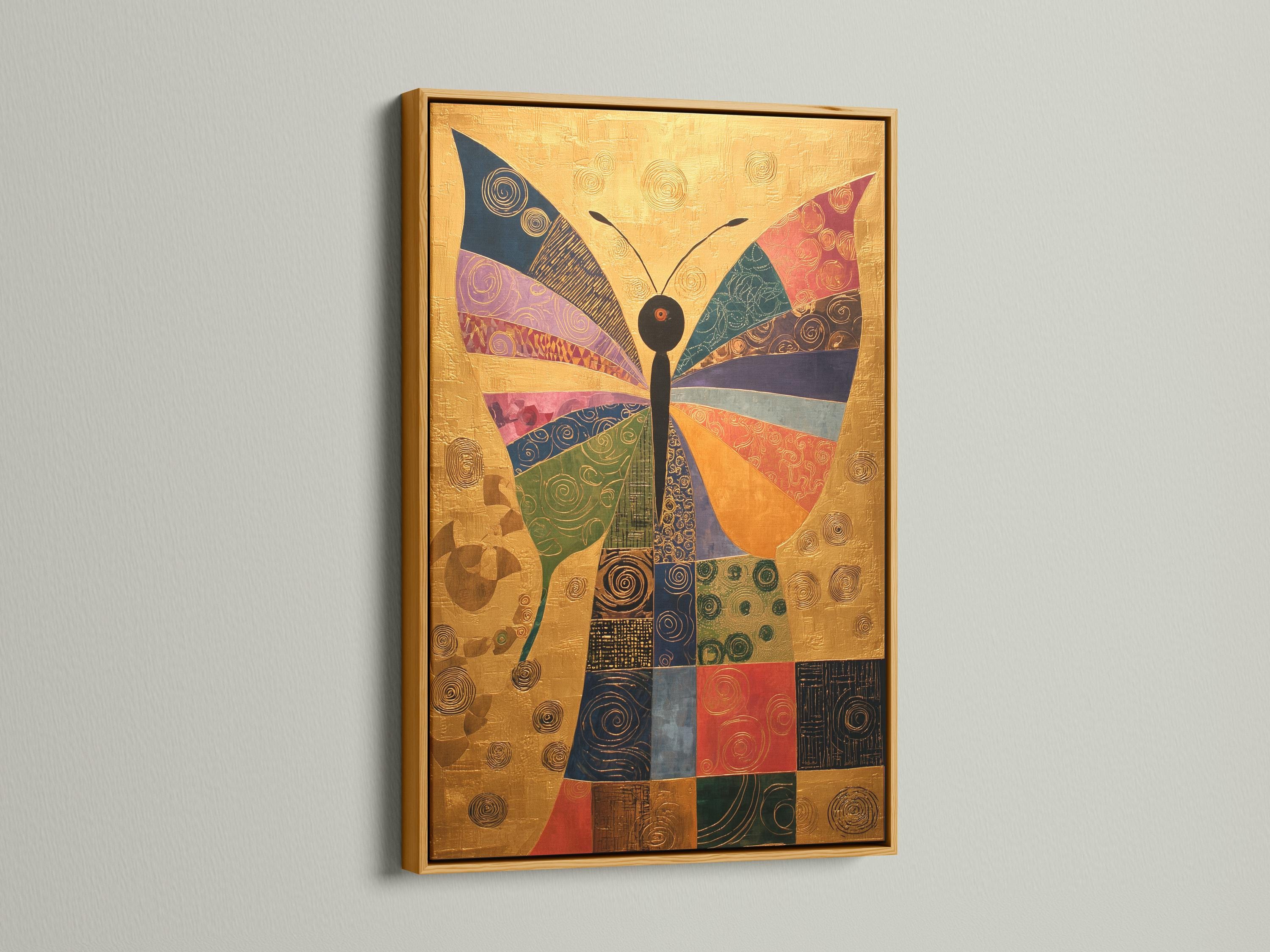 Geometric butterfly artwork with gold background and multicolour swirl-patterned wings detail view