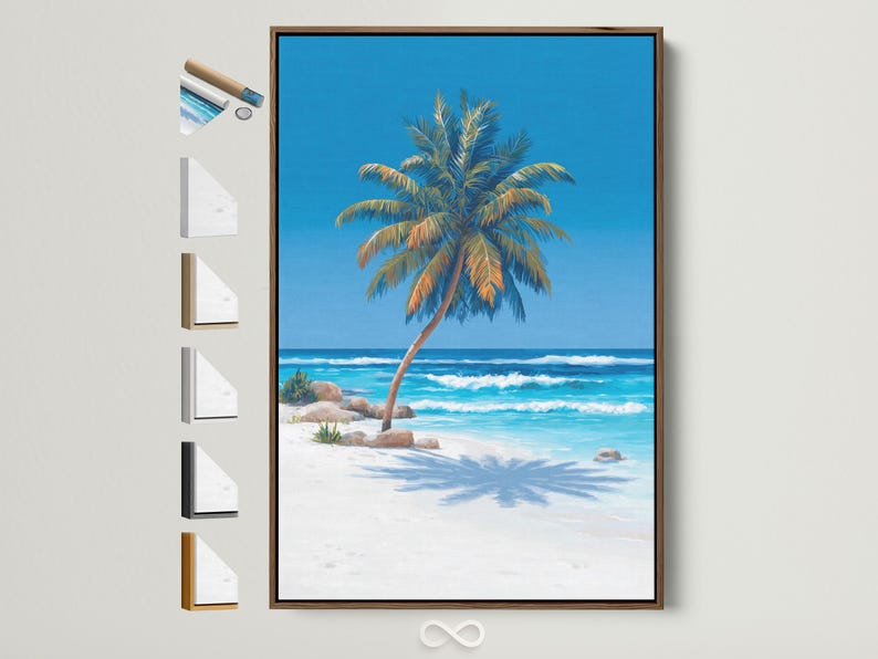 Tropical beach scene with a palm tree, turquoise ocean waves, and a blue sky