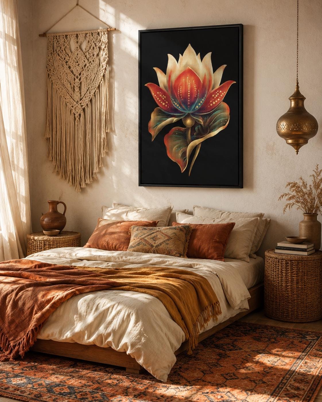 Person in a beige outfit standing beside a plant, with a lotus flower framed artwork above a wooden bench