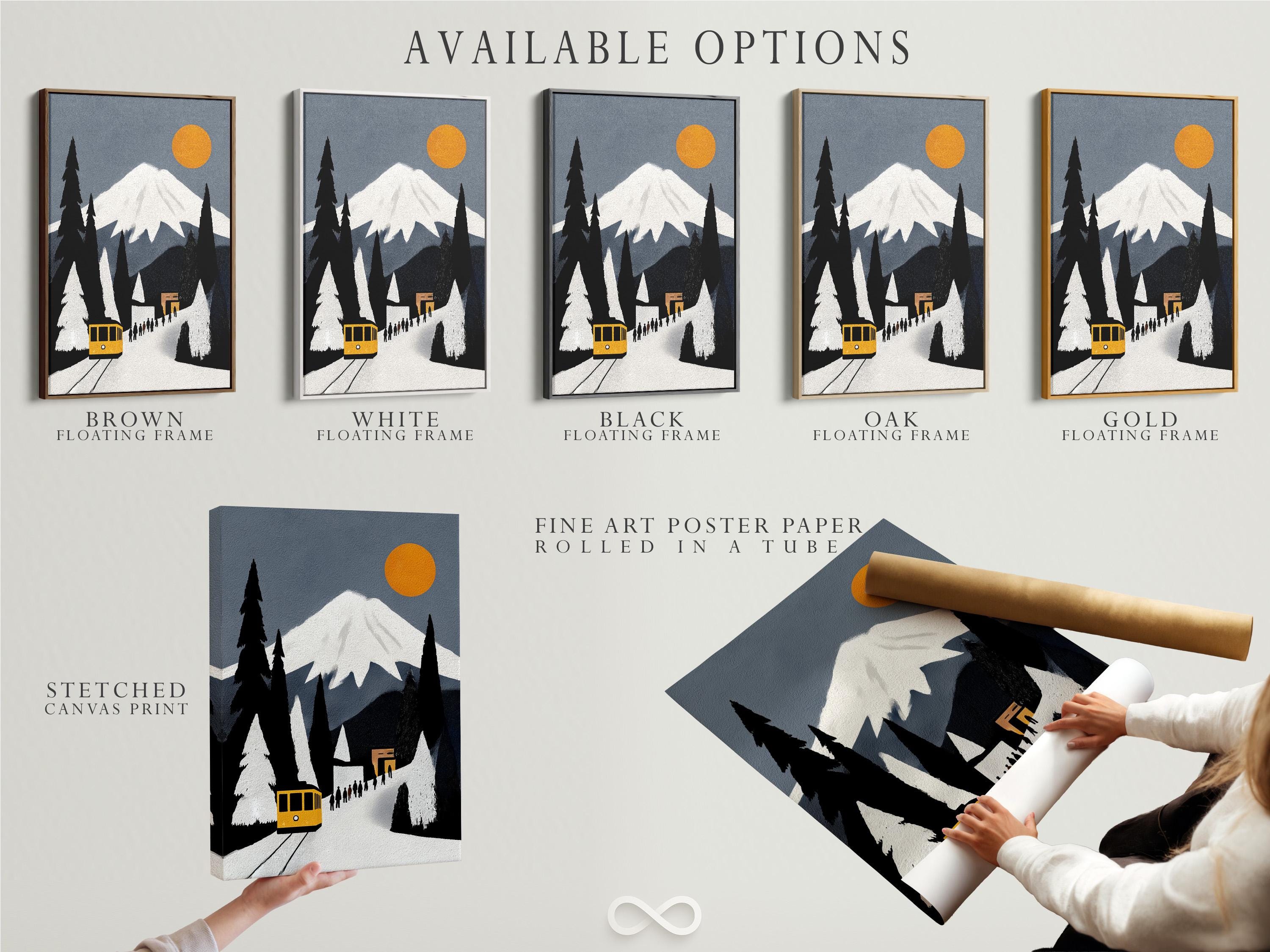 Room mockup showing a framed yellow train winter mountain artwork