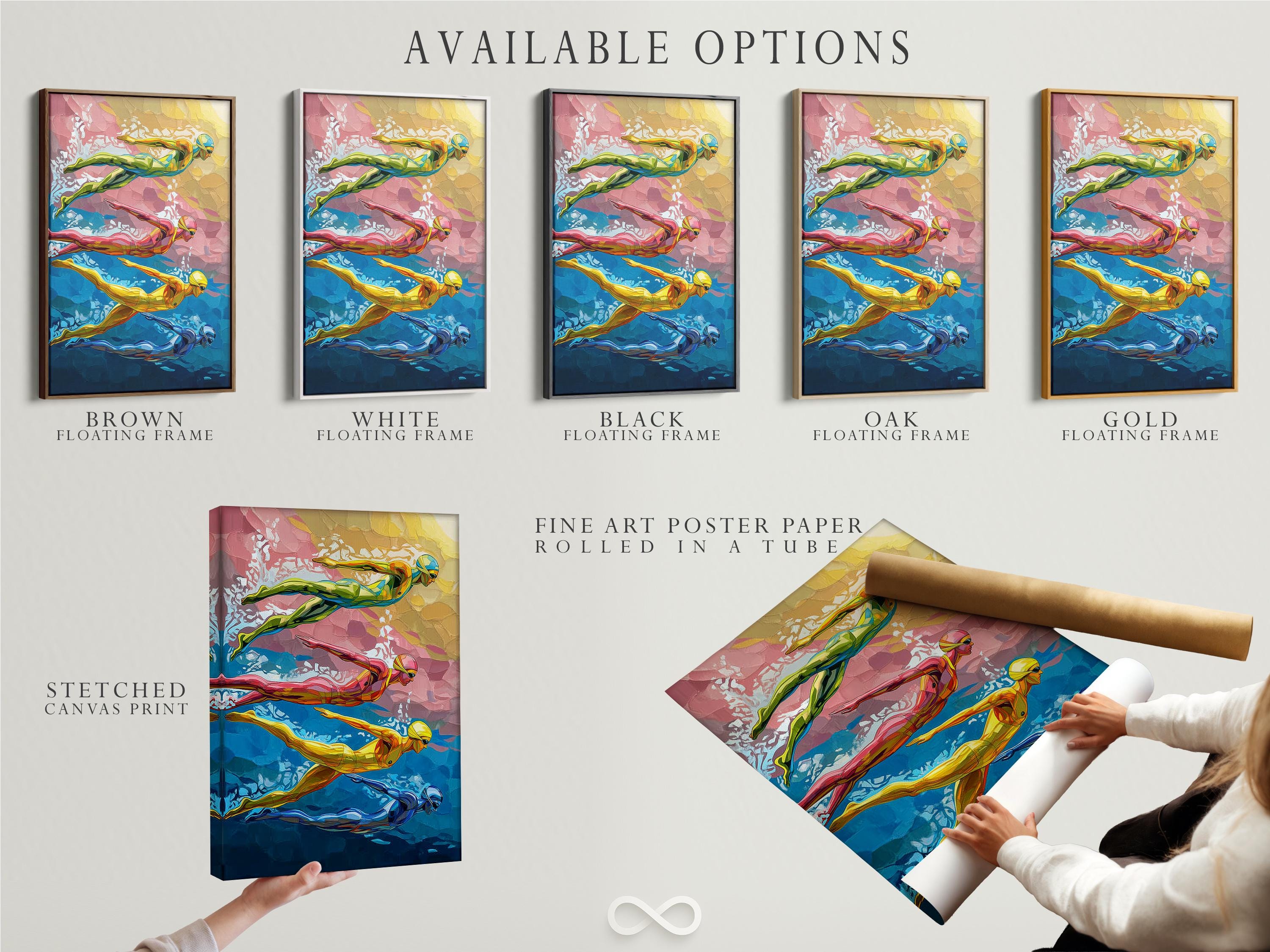 Room mockup showing a framed swimmer artwork on a light wall