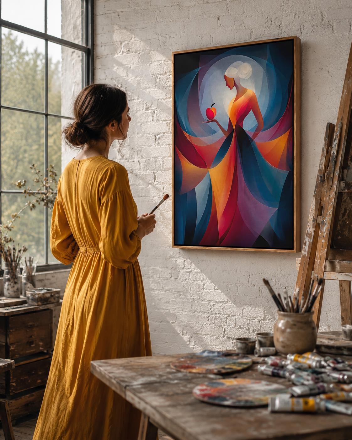 Abstract woman holding a red apple with layered blue, teal and purple curved shapes detail view