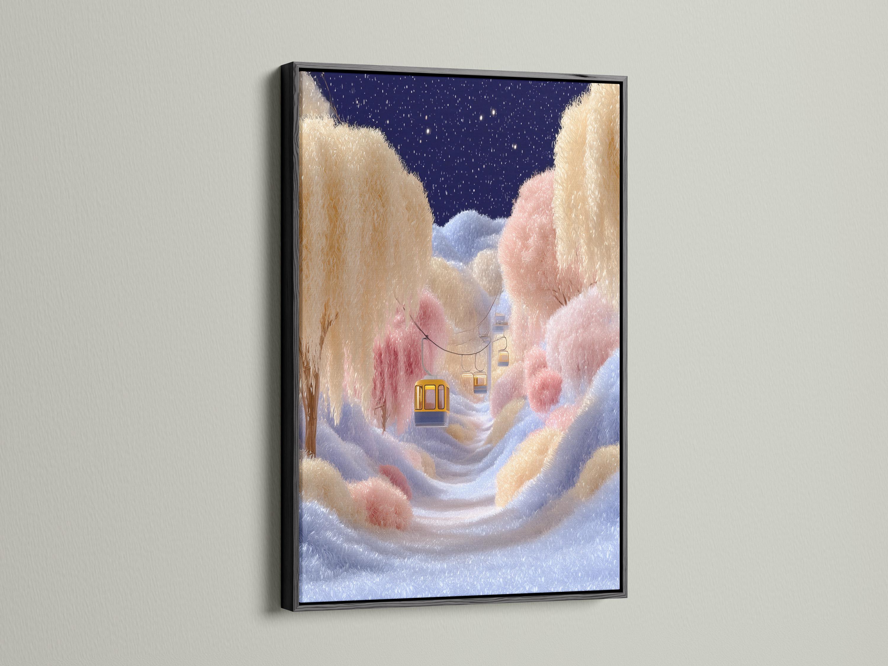 Whimsical winter landscape with a deep blue starry sky, pastel snow and warm gold gondola-like cabins detail view