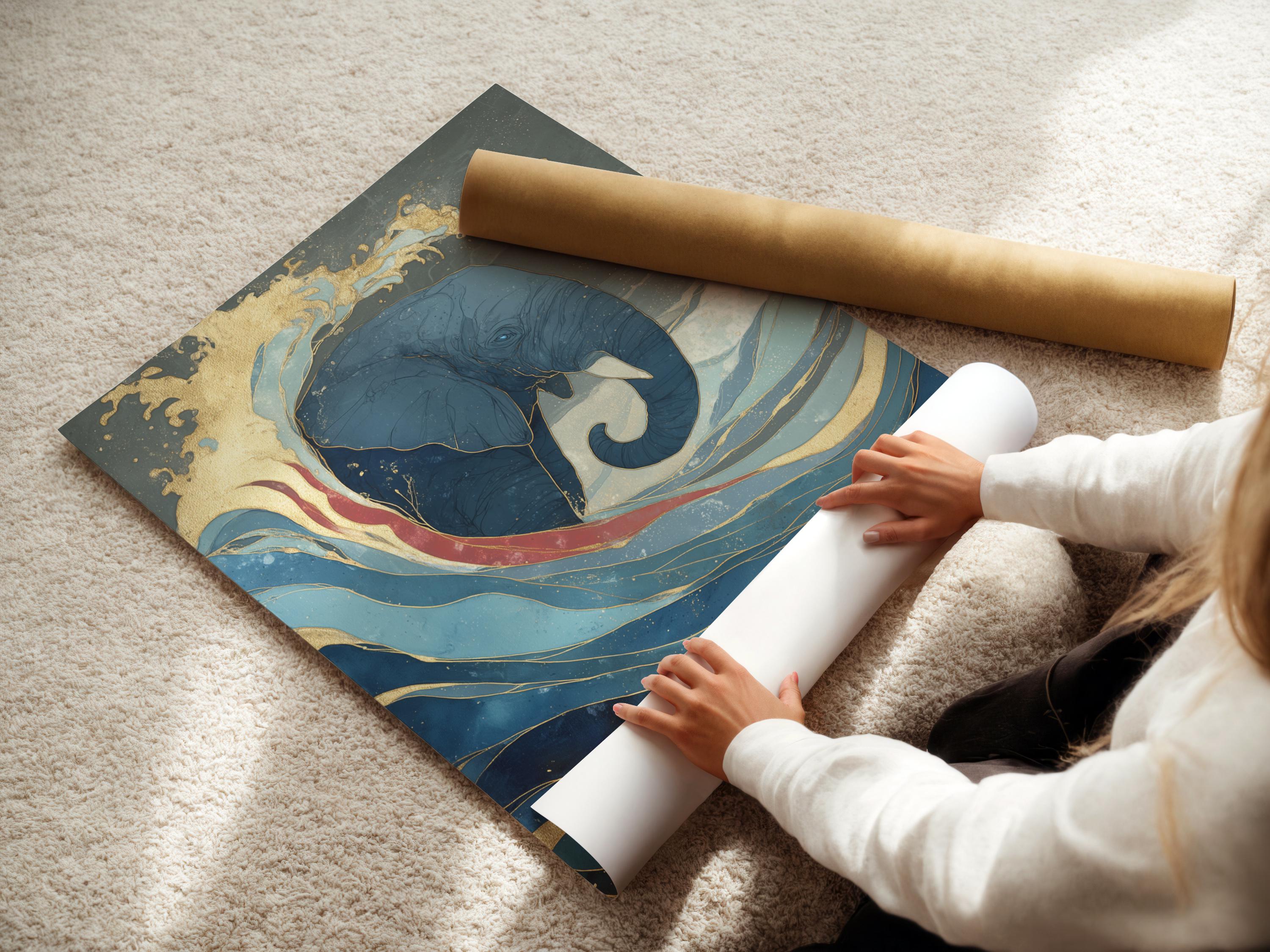 Blue and gold elephant emerging from ocean waves artwork detail view