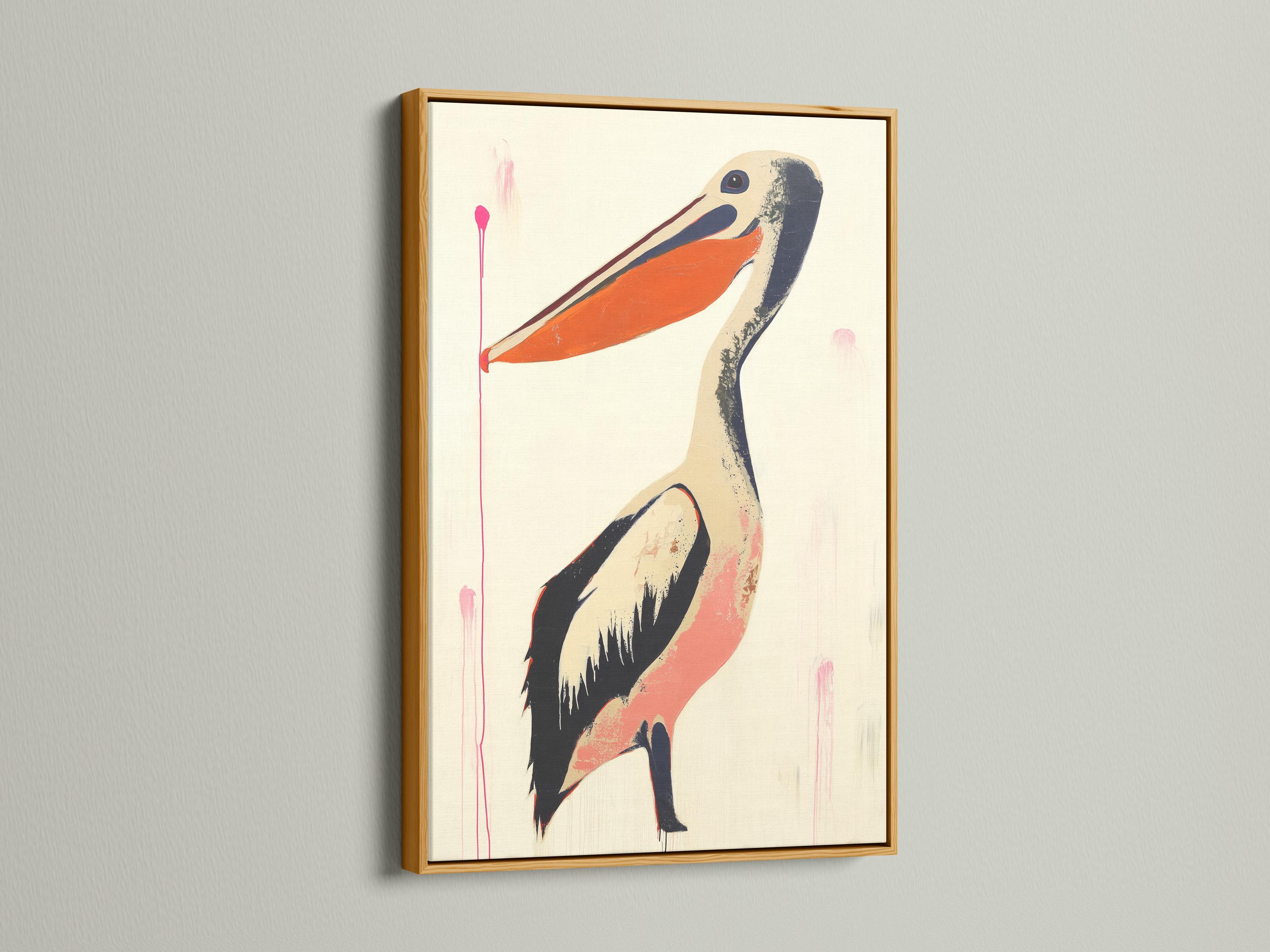 Stylised pelican with warm orange beak on a cream background and pink drips detail view