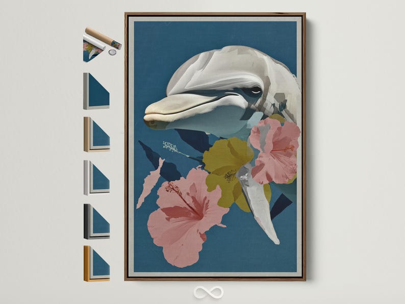 Dolphin in profile surrounded by large pink hibiscus flowers on a teal-blue background