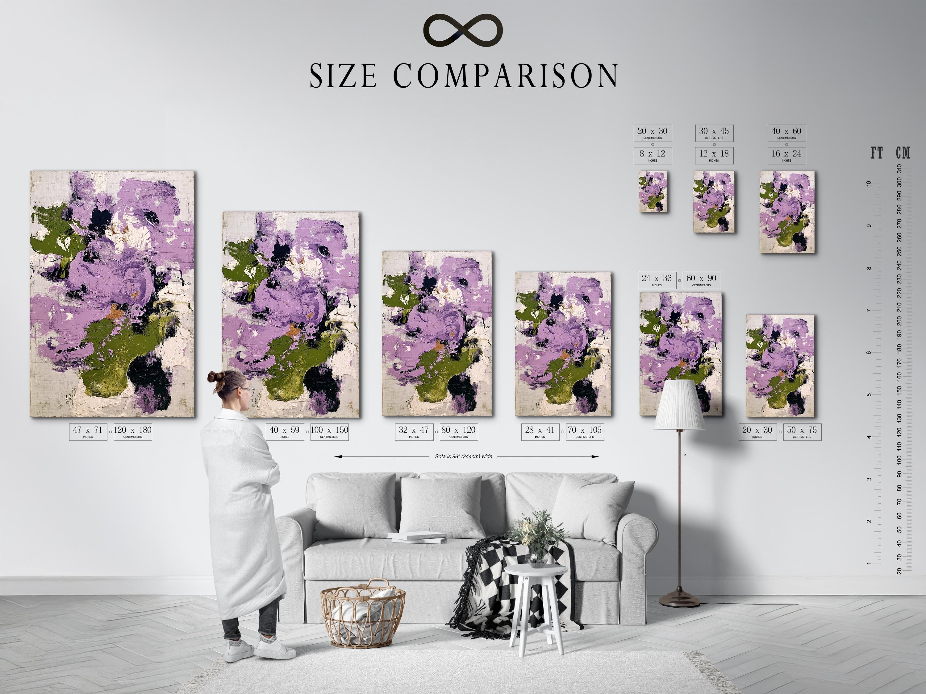 Abstract floral artwork with lilac and purple shapes, muted green accents and textured brush marks detail view