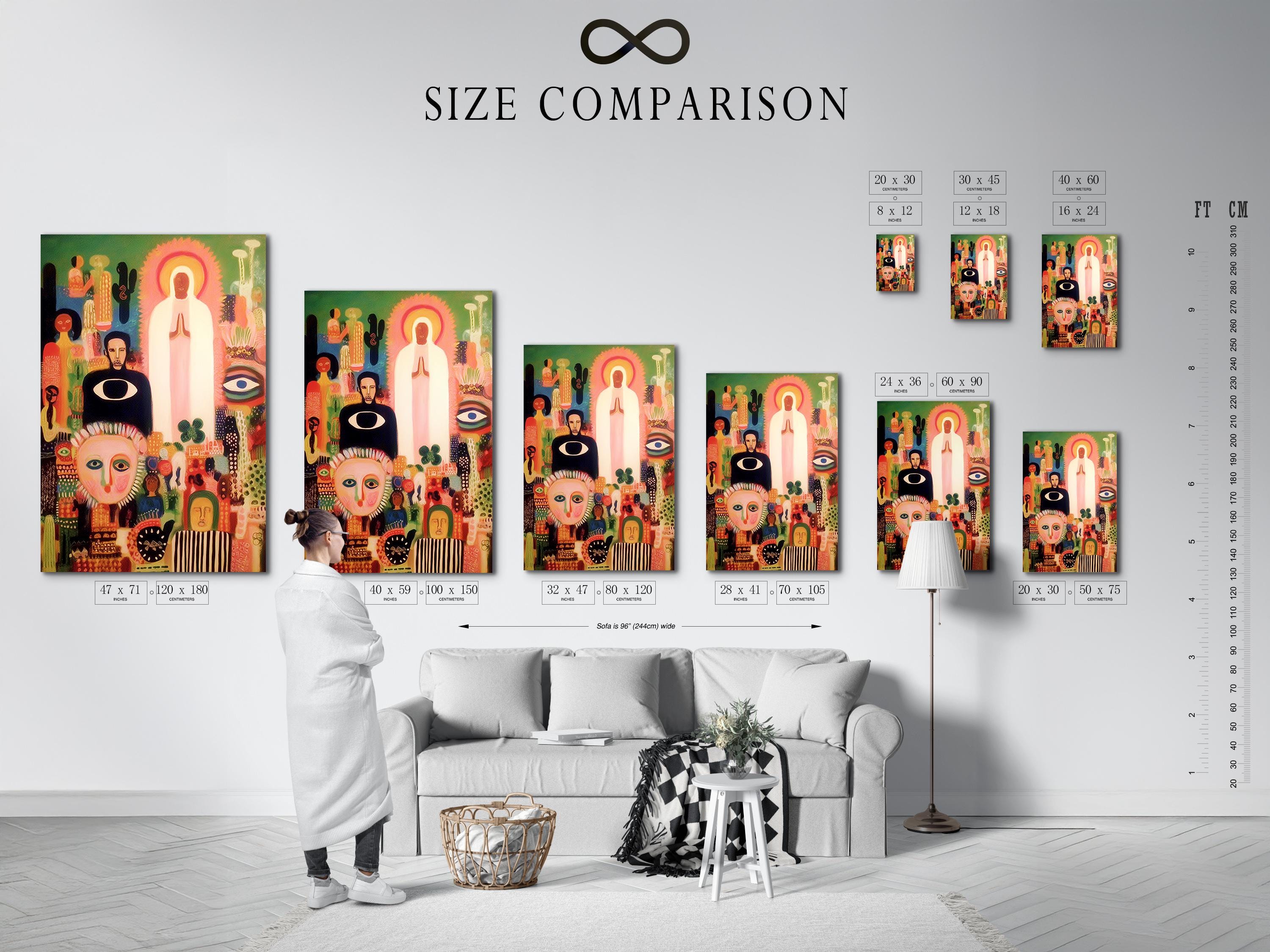 Sunburst halo abstract faces artwork with pink, green and gold figures detail view