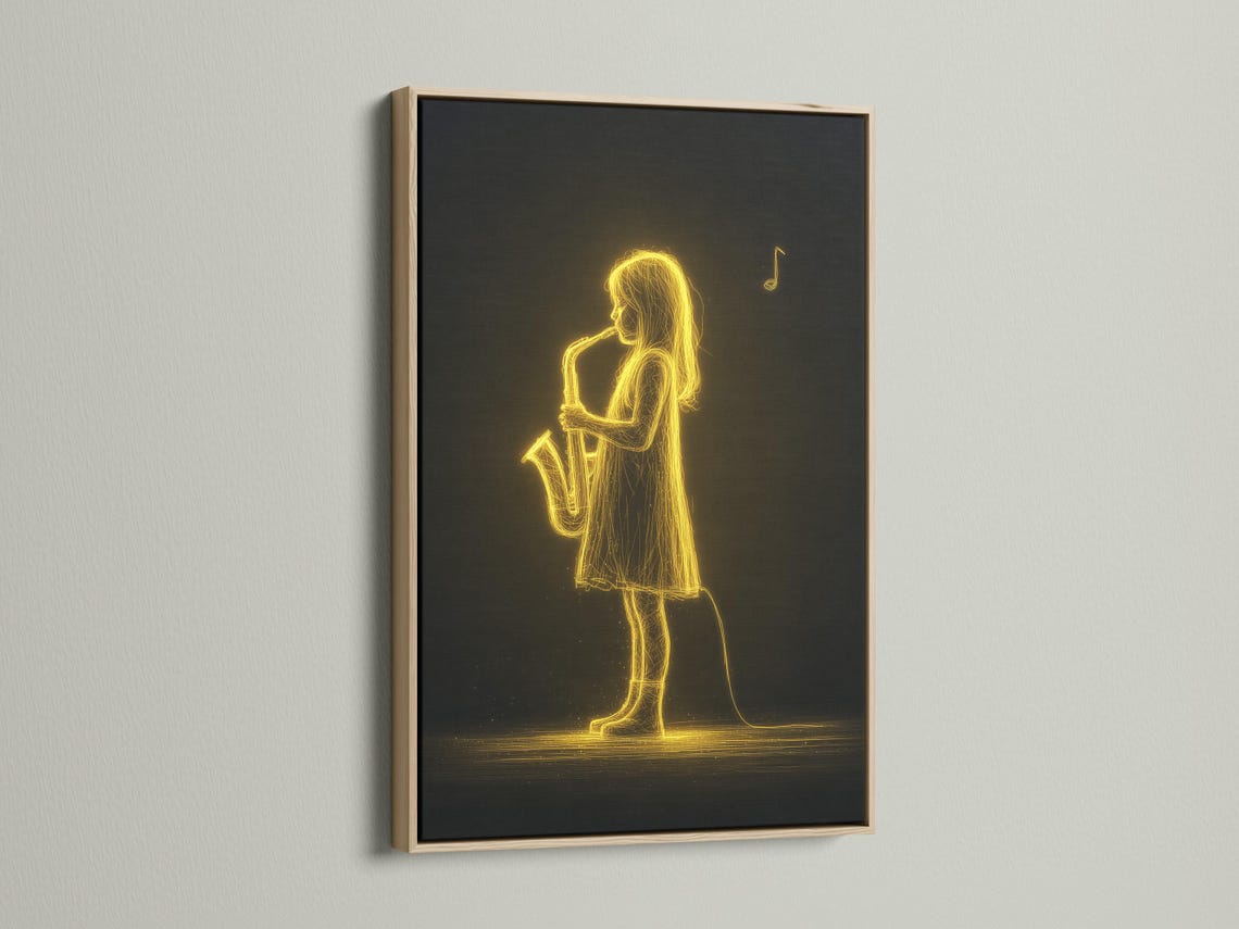 Neon gold line drawing of a saxophone player musician against a dark background with a floating music note detail view