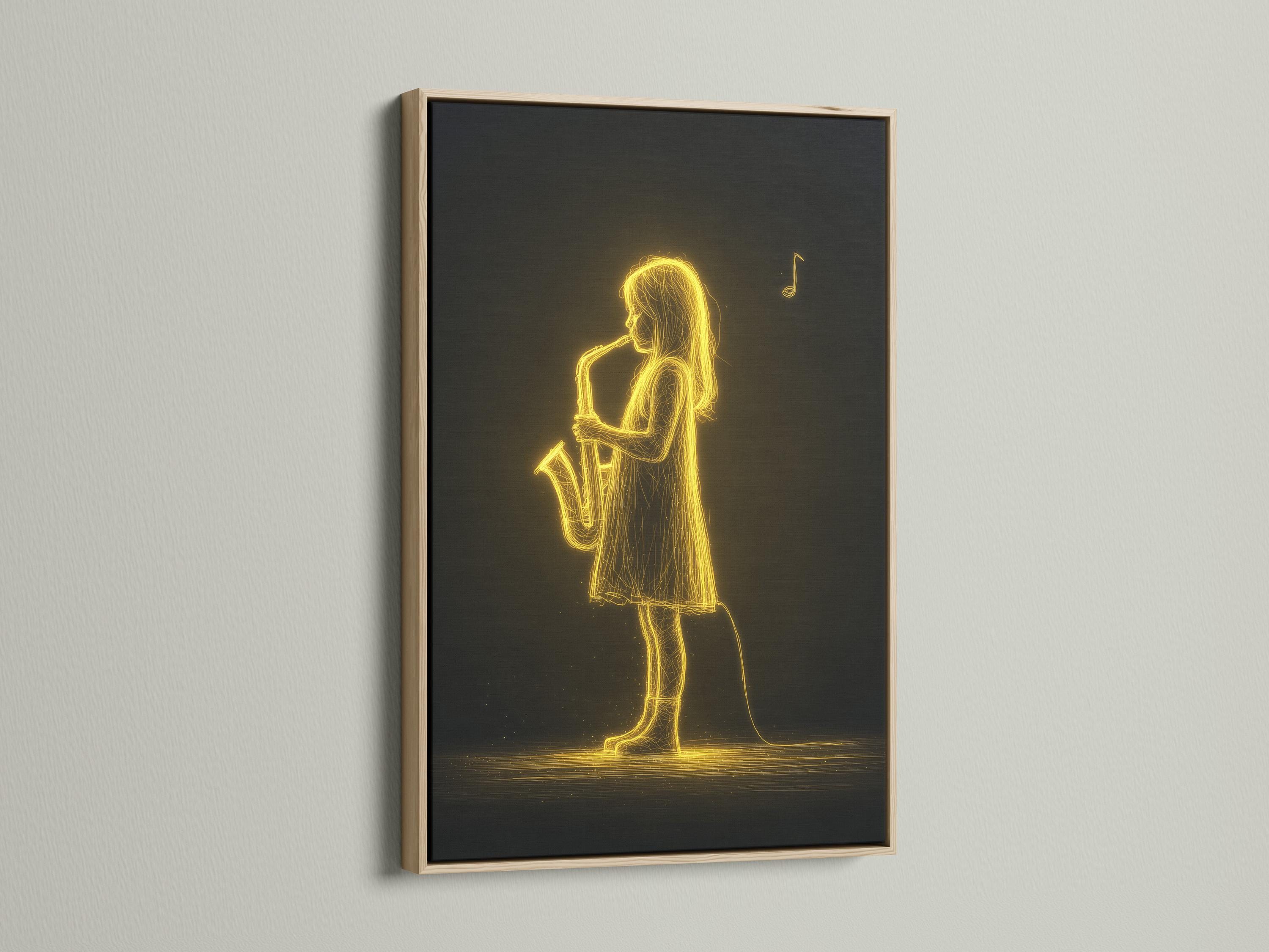 Neon gold line drawing of a saxophone player musician against a dark background with a floating music note detail view