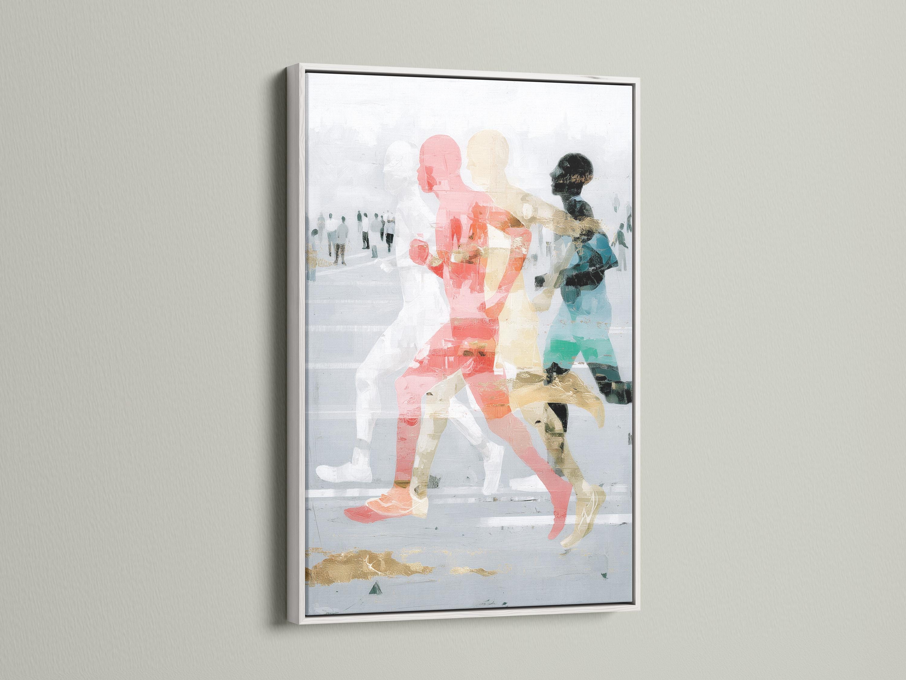 Room mockup featuring a framed abstract runners artwork with coral and teal figures