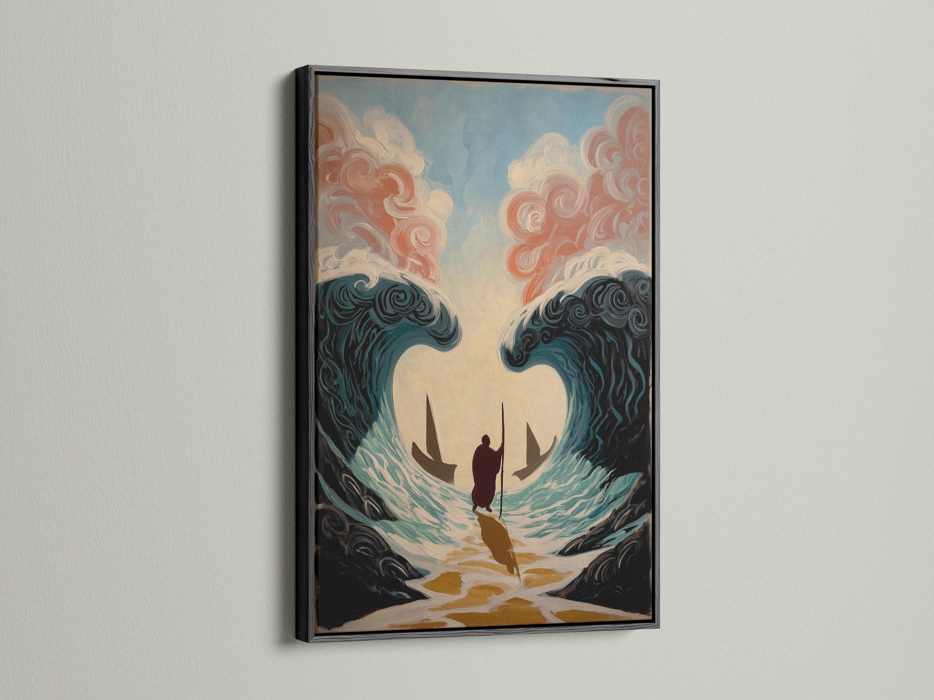 Artwork mockup showing an ocean waves painting on a wall with several angled frame previews