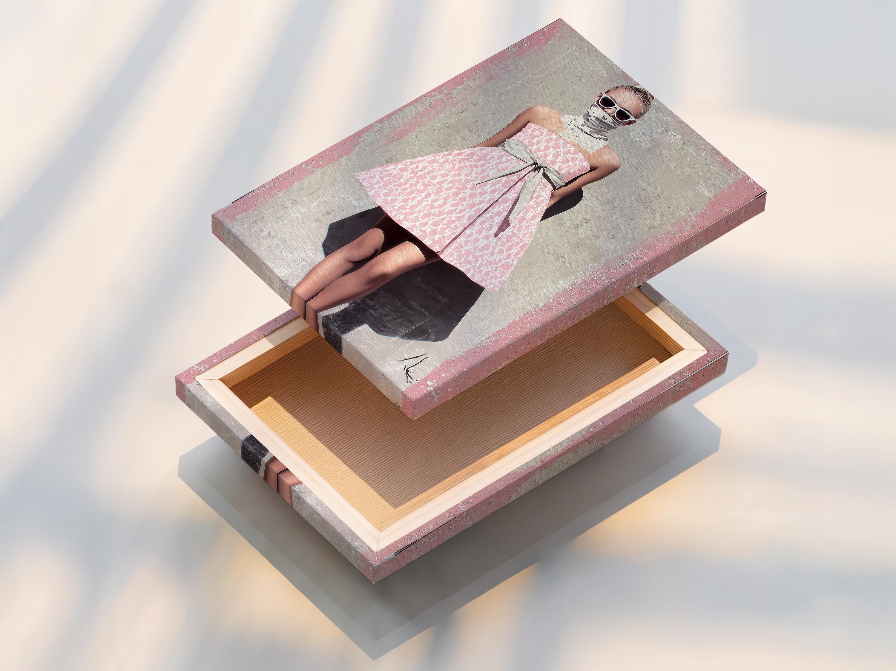 Room mockup showing a framed artwork with a stylised woman in a pink patterned dress