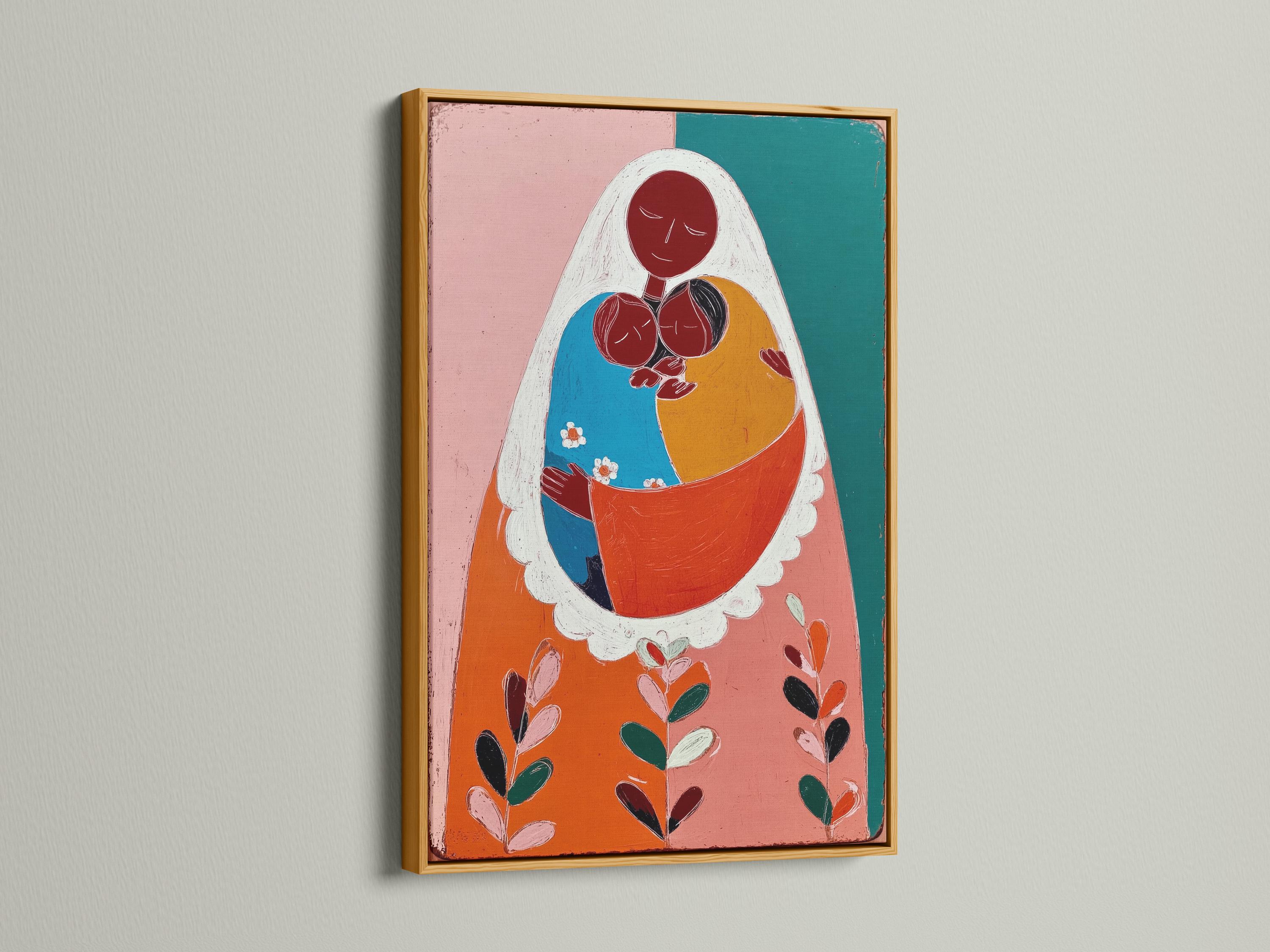 Framed mother and child portrait artwork in pink and teal colours in a mockup scene