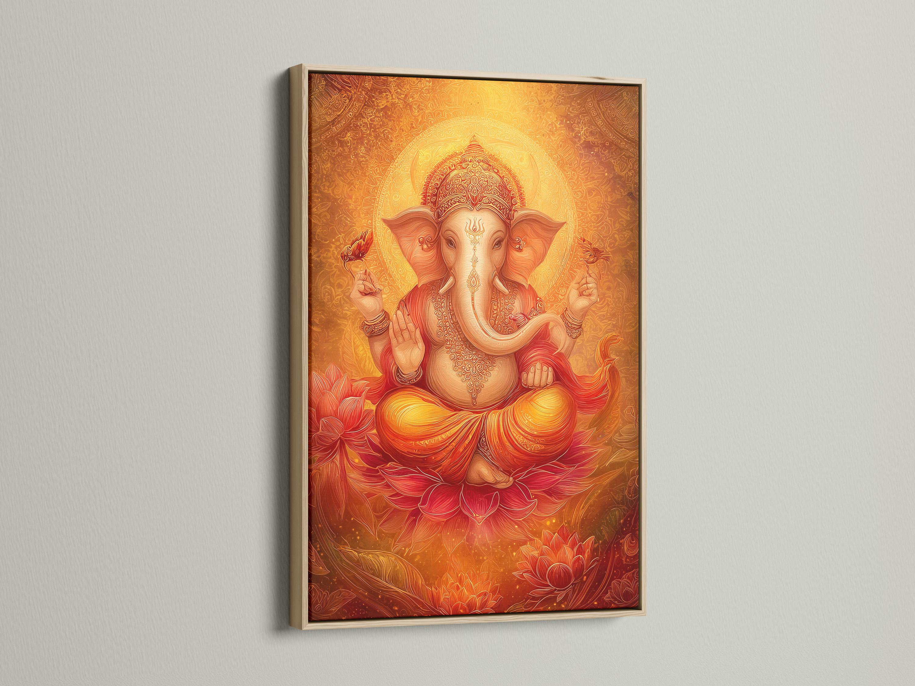 A golden-orange stylised elephant-headed deity figure sits at the centre, surrounded by ornate patterning and red lotus flowers on a warm decorative