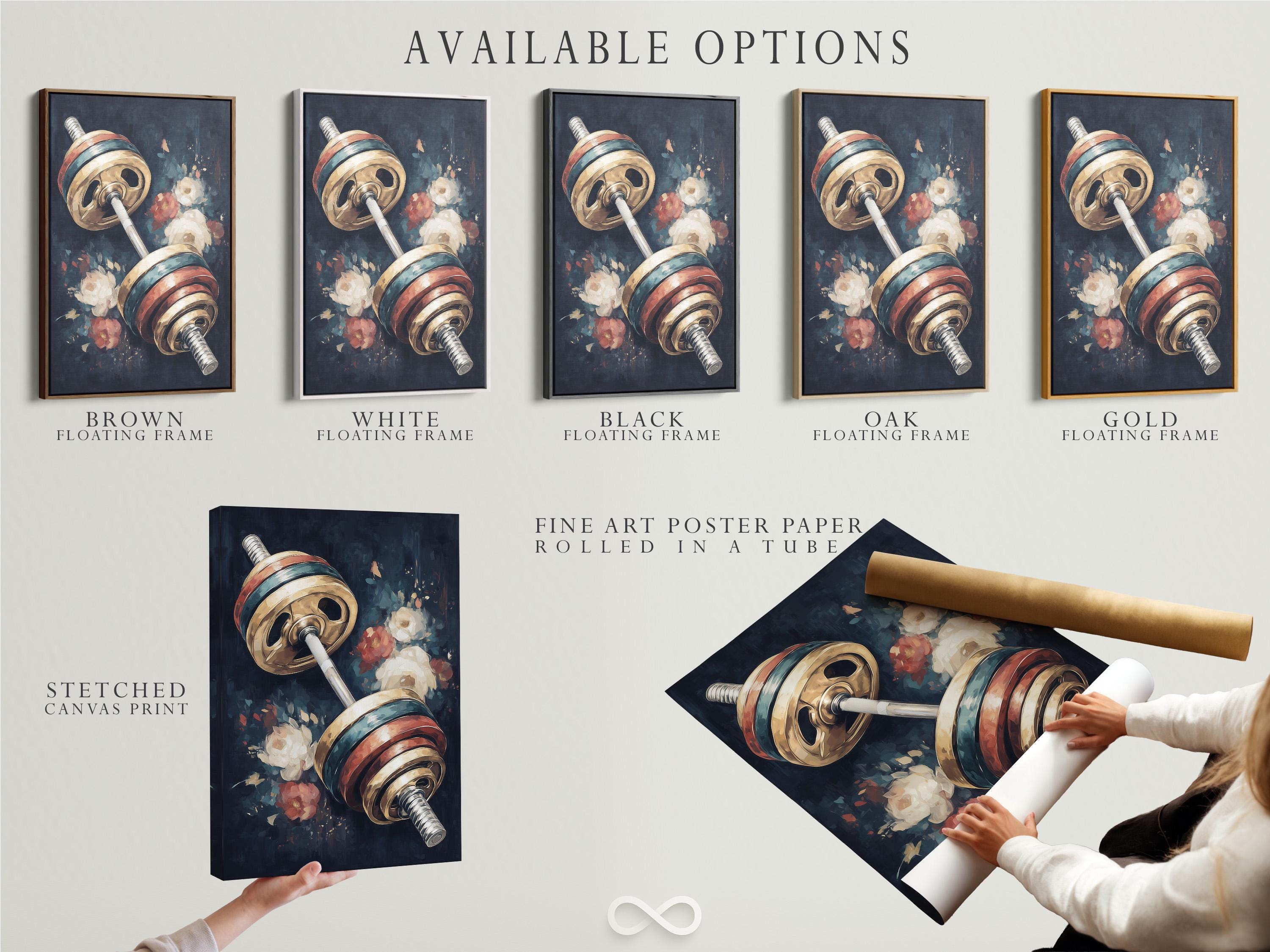 Diagonal barbell with metallic gold plates over dark floral background detail view